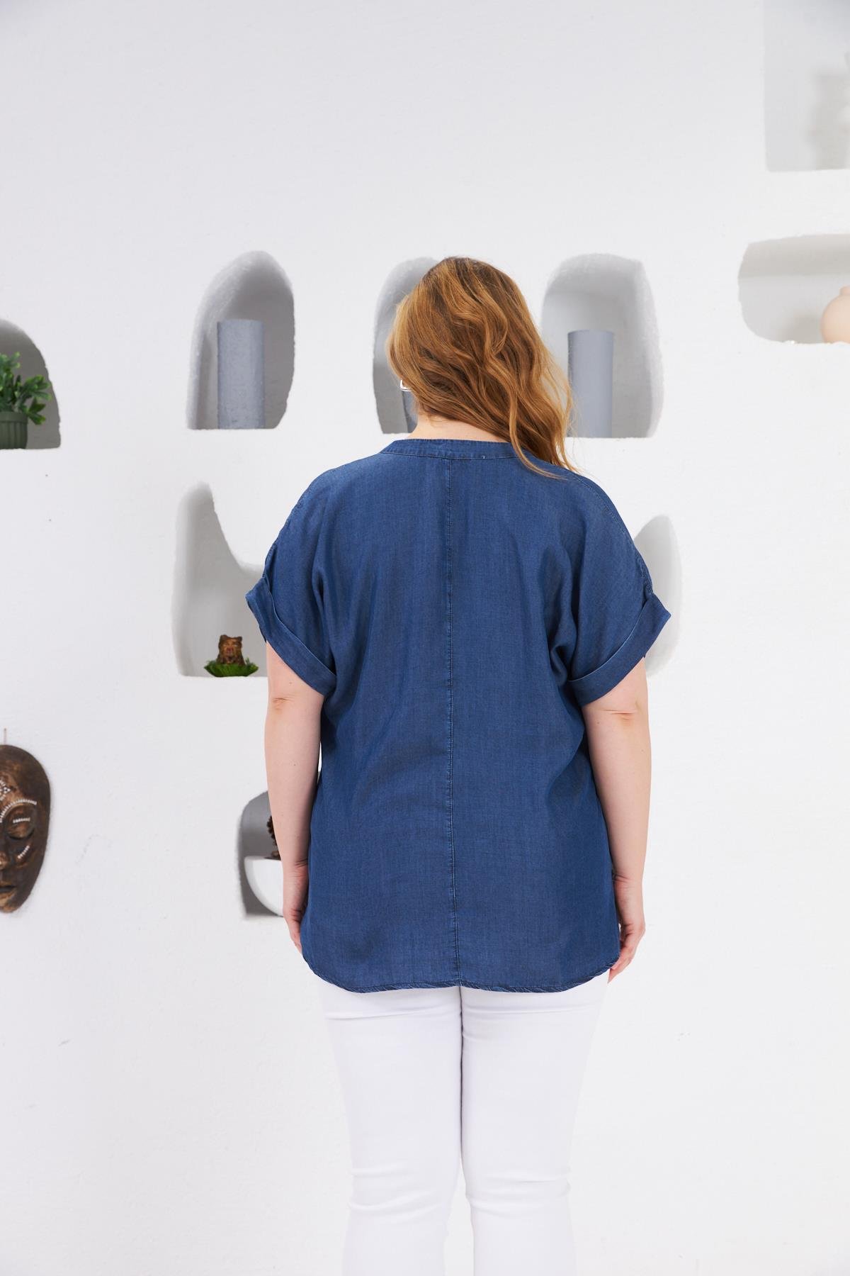 Yaka Detaylı Büyük Beden Bluz Mavi