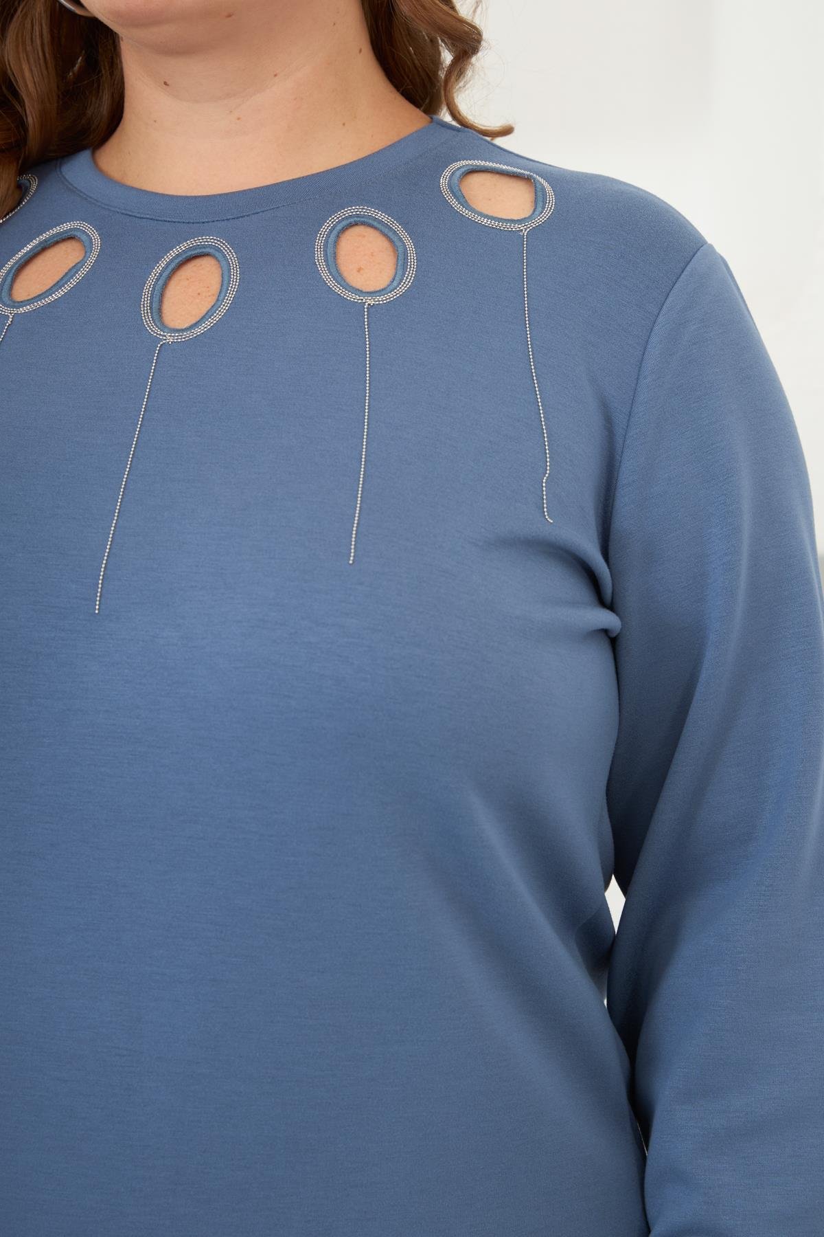 Yaka Detaylı Kol ve Eteği Büzgülü Büyük Beden Sweat İndigo