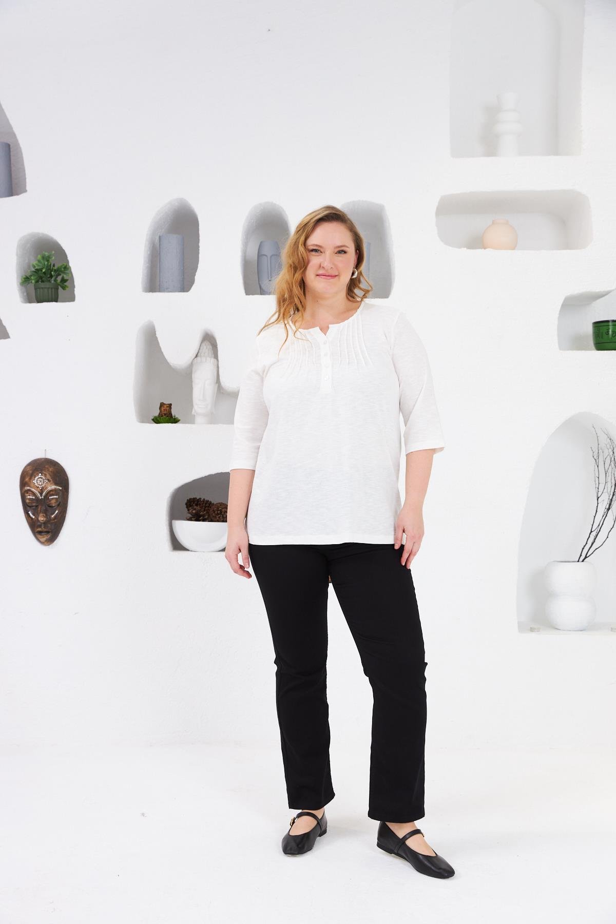 Yaka Nervürlü Büyük Beden Bluz Ekru