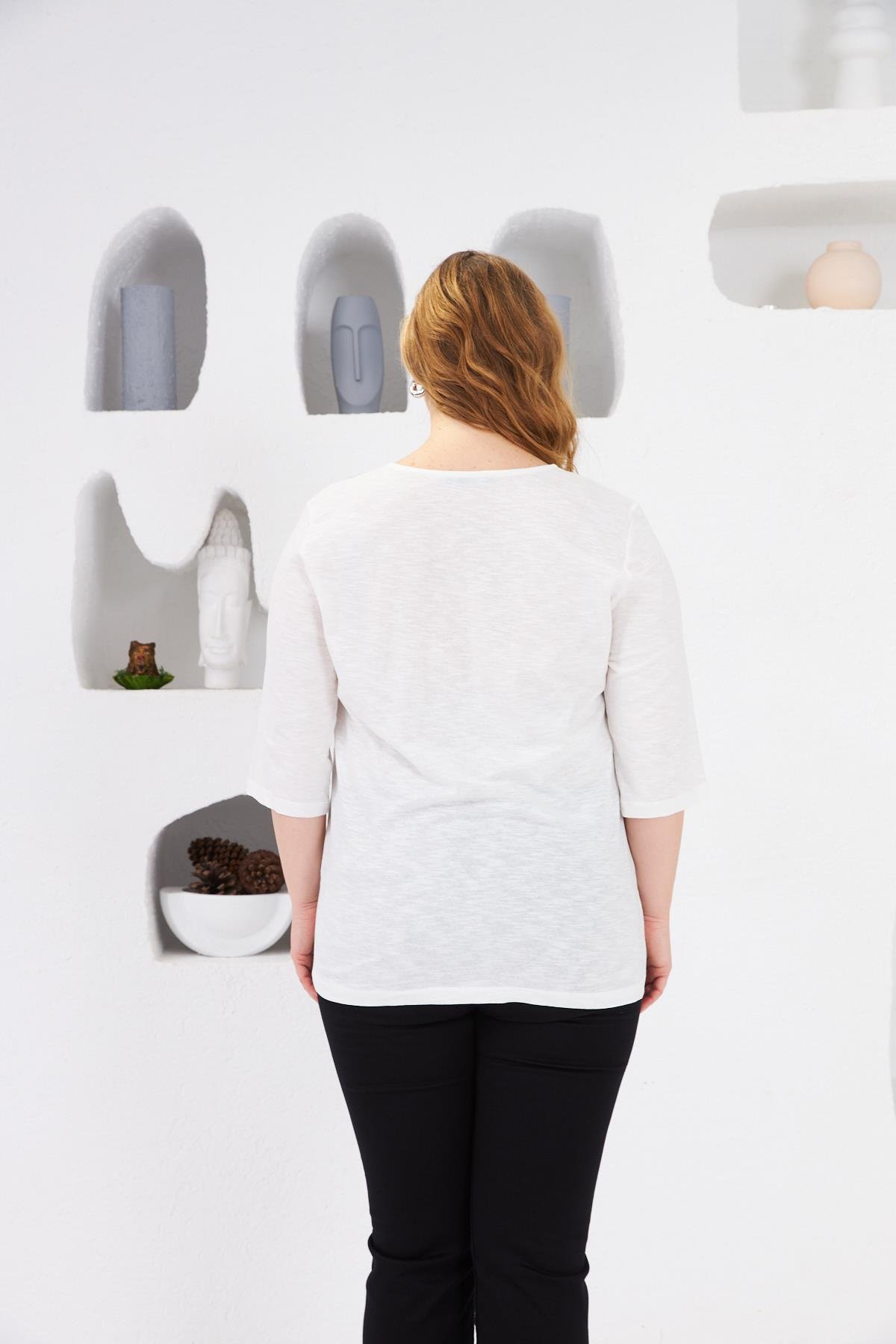 Yaka Nervürlü Büyük Beden Bluz Ekru