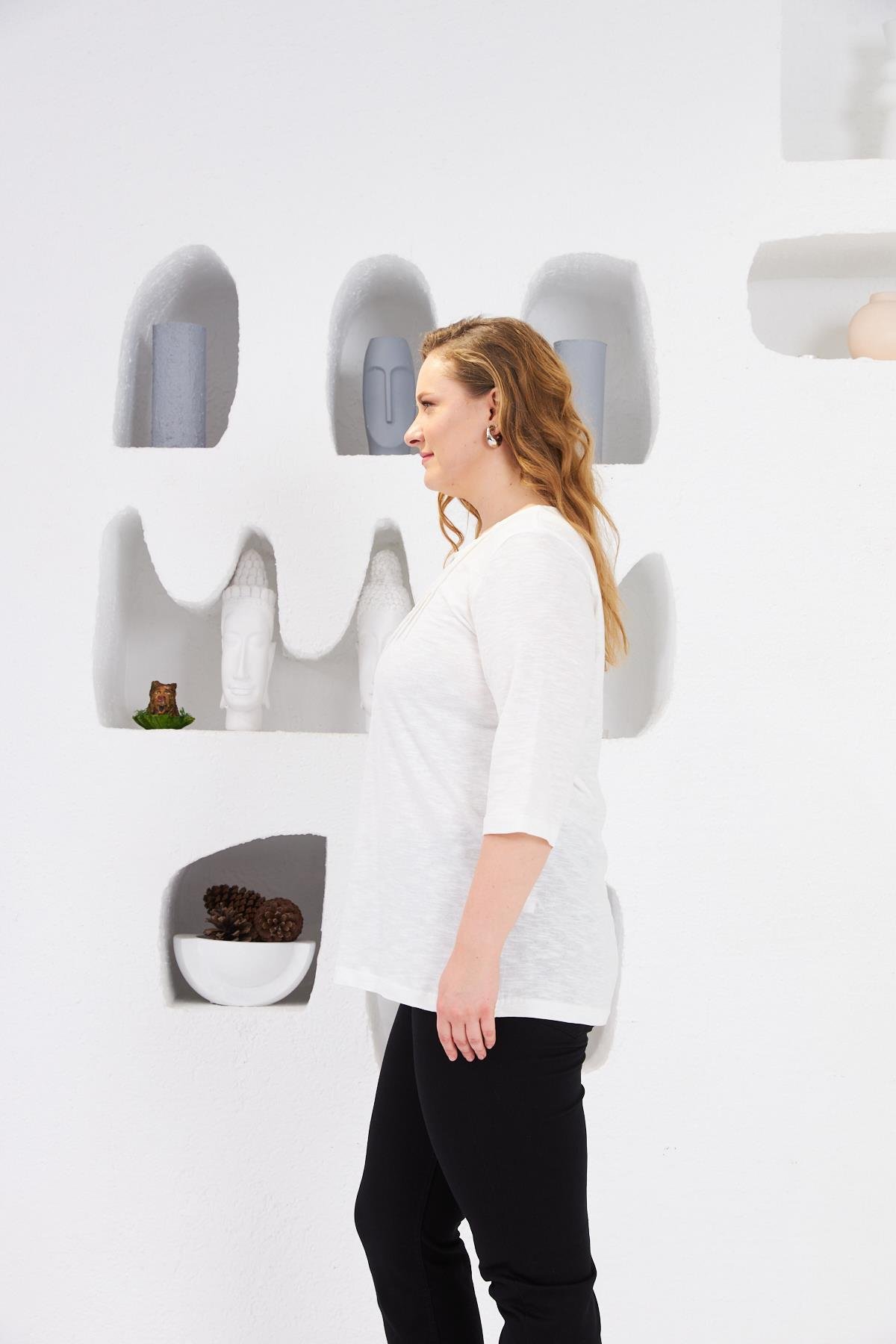 Yaka Nervürlü Büyük Beden Bluz Ekru