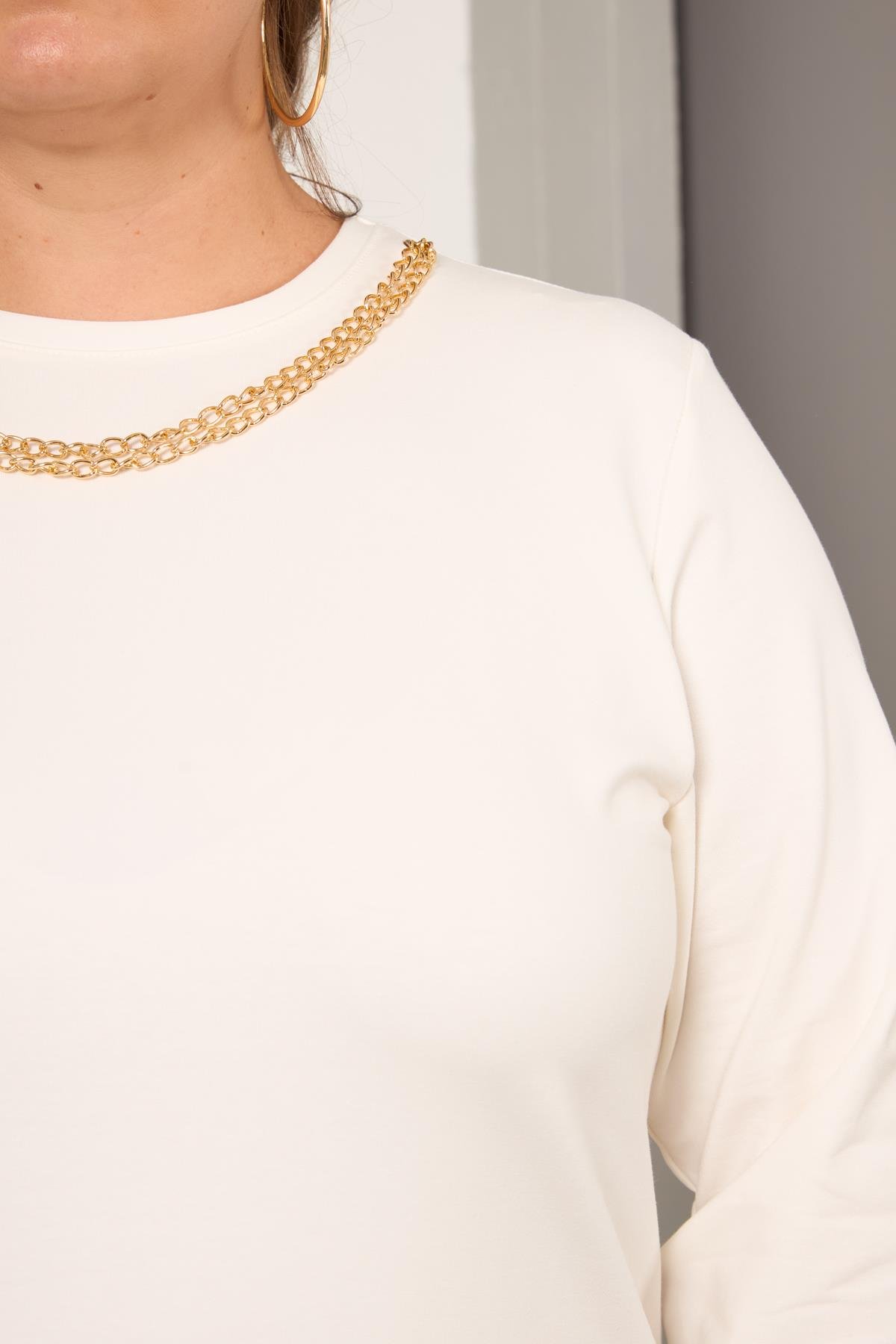 Yaka Zincir Detaylı Büyük Beden Sweatshirt Ekru
