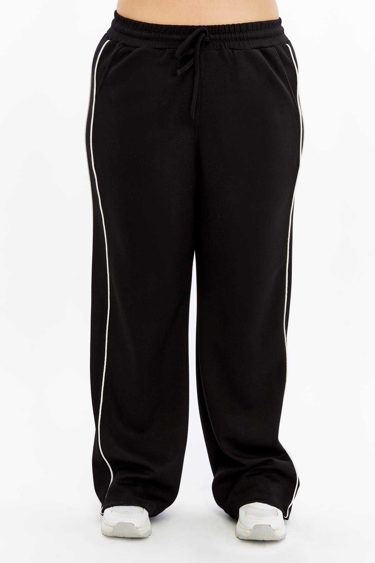 Yanları Çift Şeritli Beli Lastikli Büyük Beden Eşofman Altı Siyah