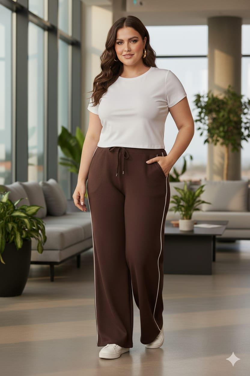 Yanları Çift Şeritli Beli Lastikli Büyük Beden Eşofman Altı Kahve