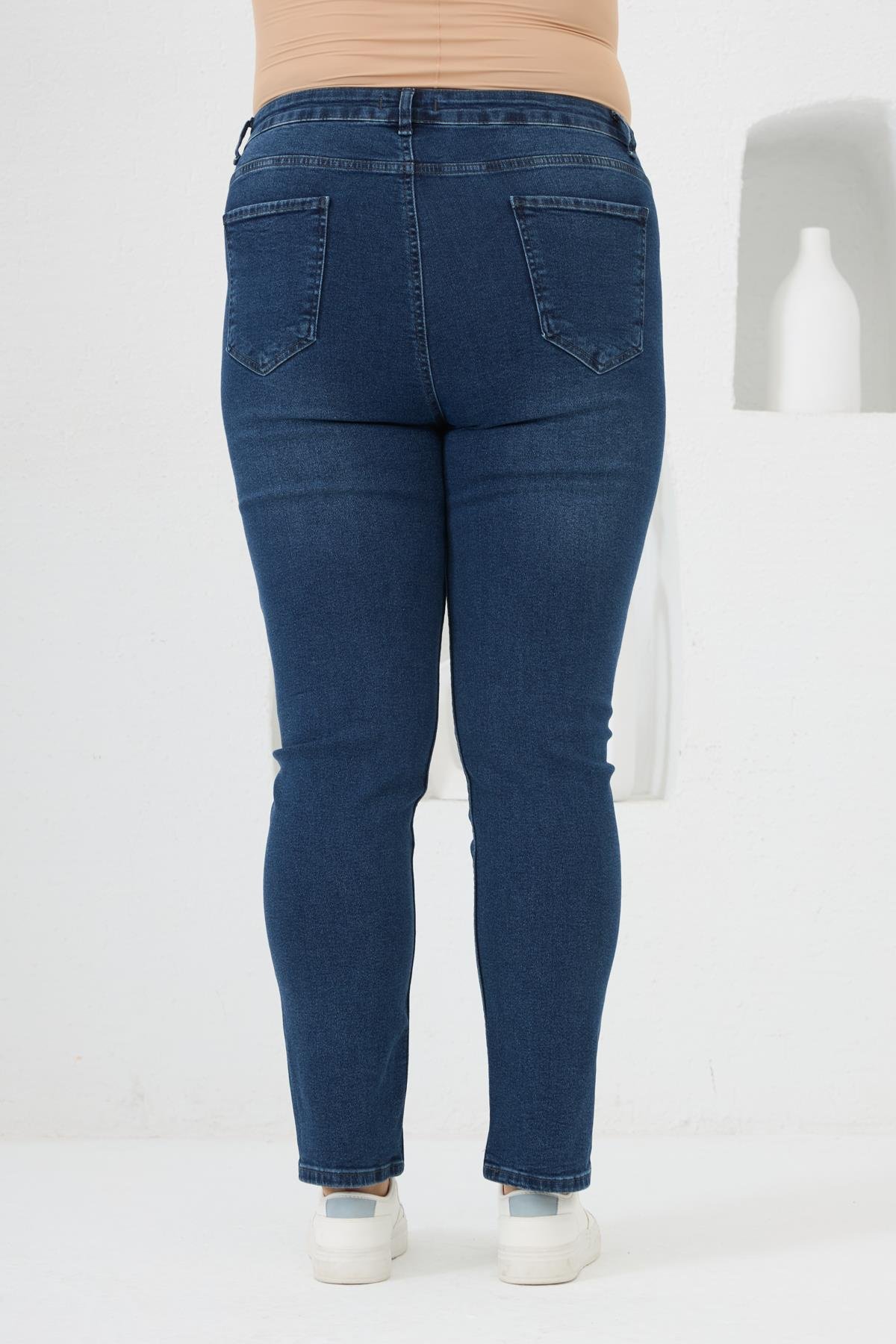 Yanları Taş Baskılı Büyük Beden Kot Pantolon Mavi