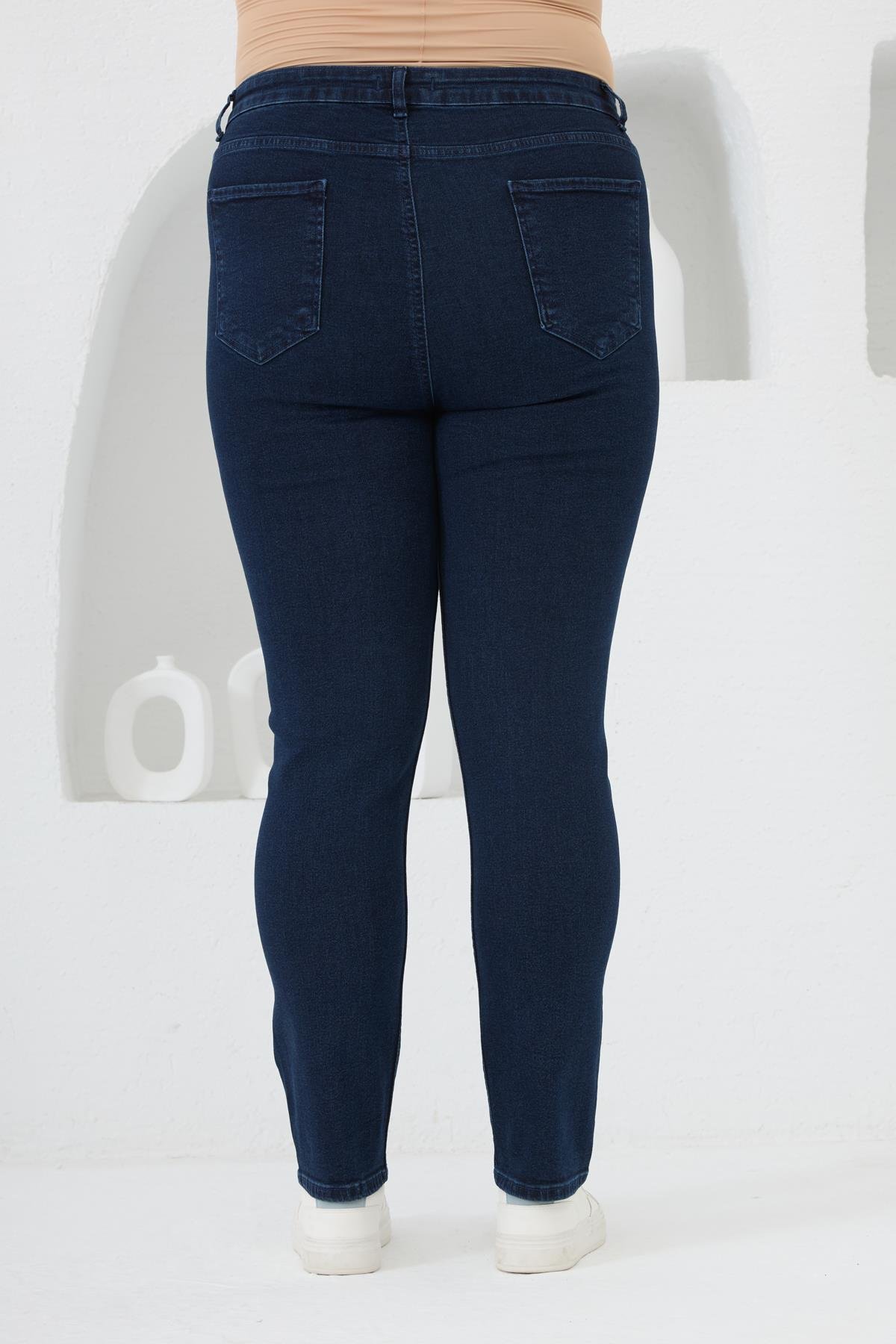 Yanları Taş Baskılı Büyük Beden Kot Pantolon Lacivert