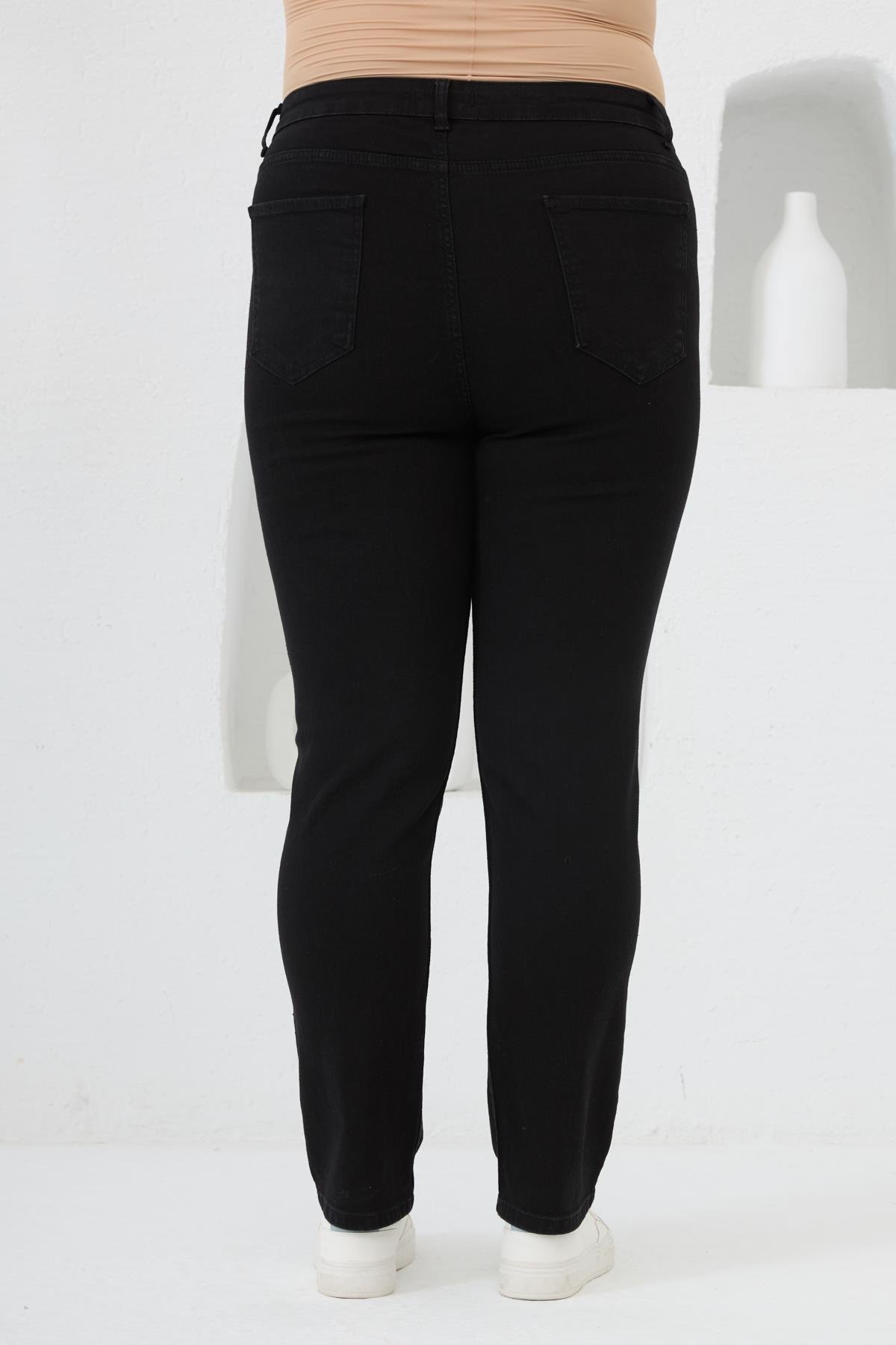 Yanları Taş Baskılı Büyük Beden Kot Pantolon Siyah