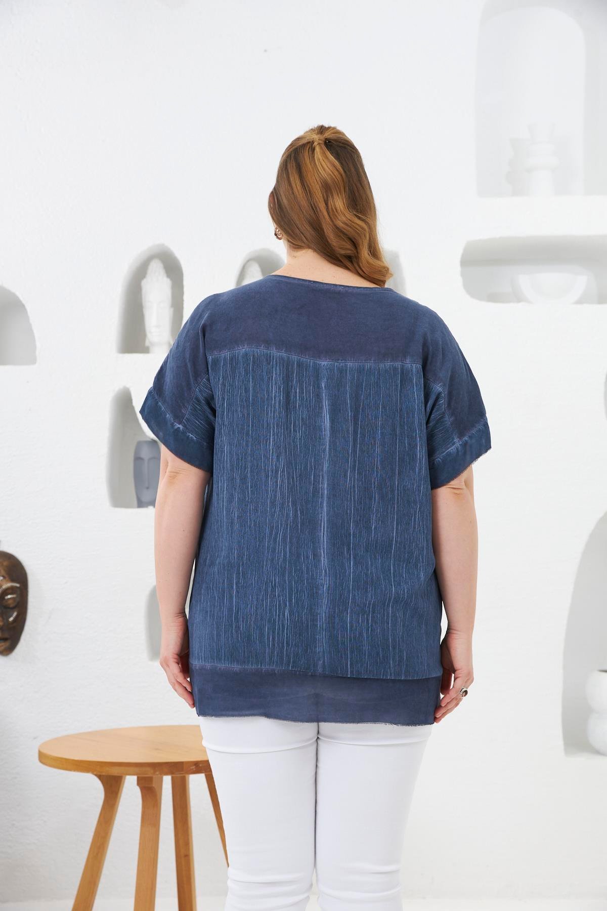 Yıkamalı Büyük Beden Bluz İndigo