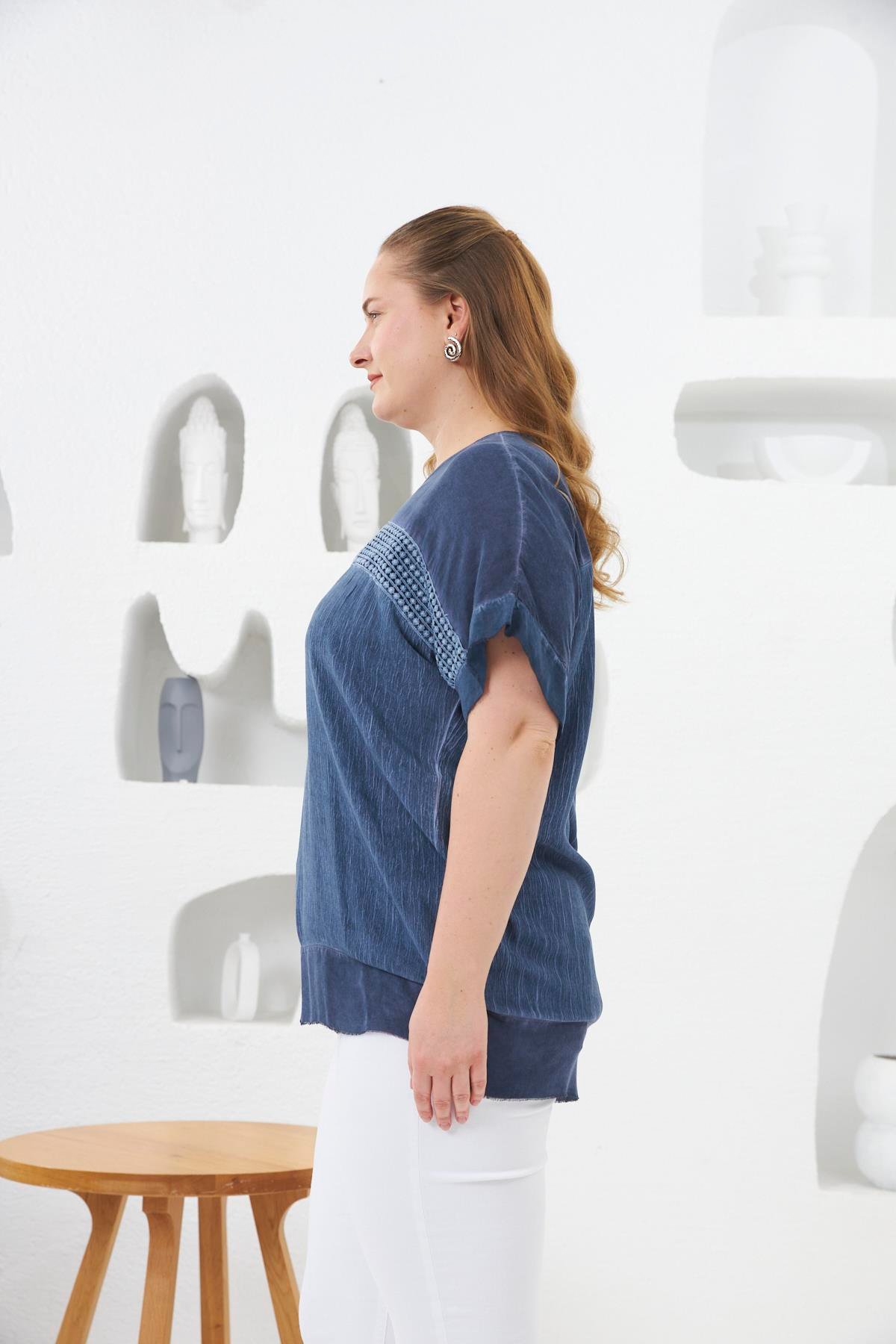 Yıkamalı Büyük Beden Bluz İndigo