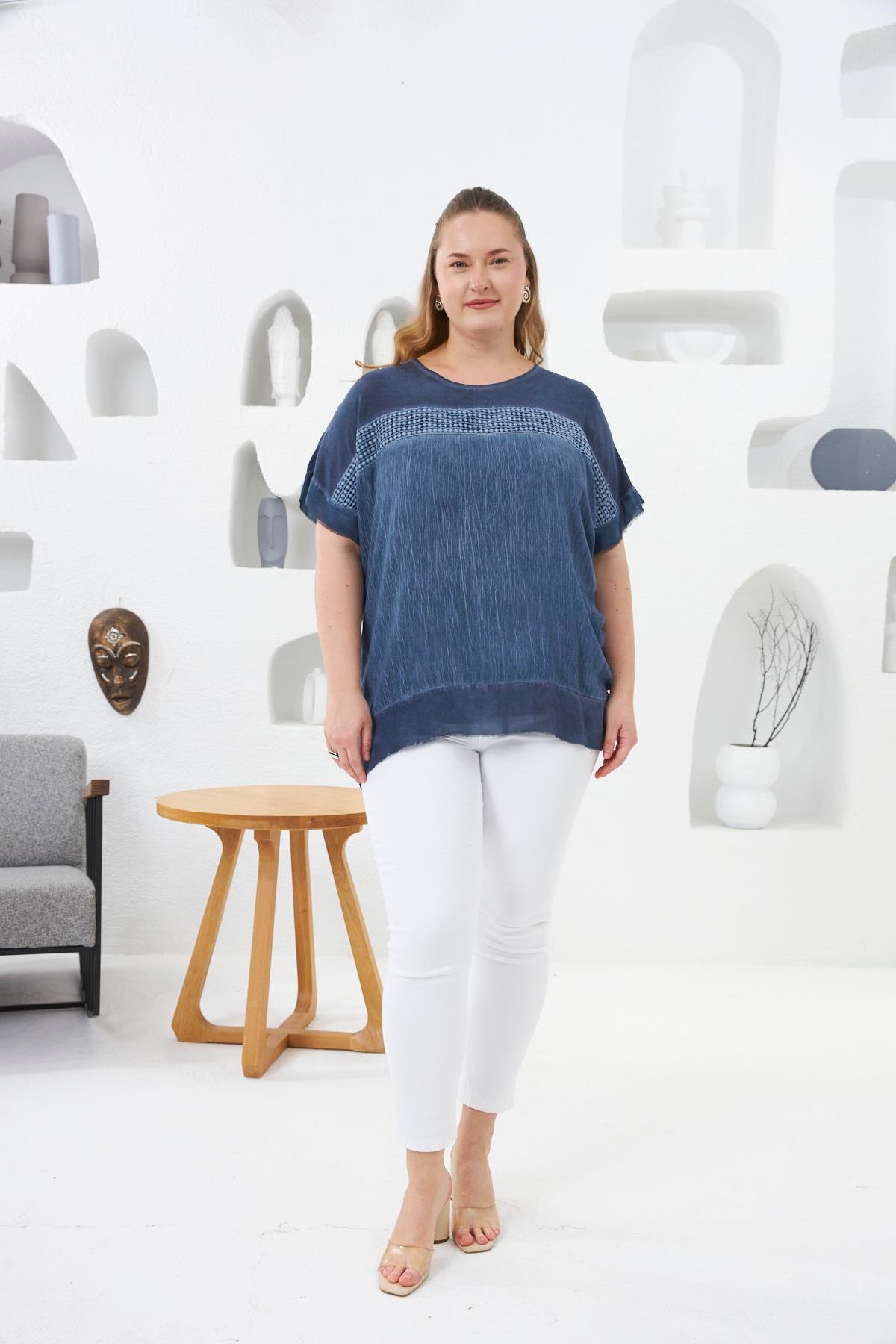 Yıkamalı Büyük Beden Bluz İndigo