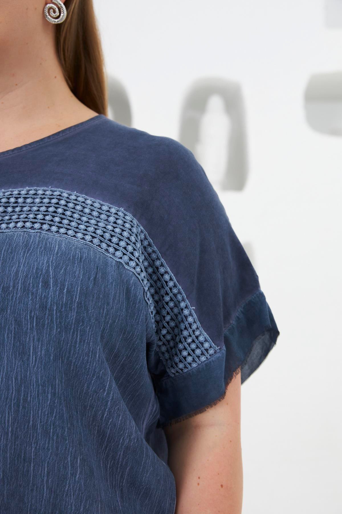 Yıkamalı Büyük Beden Bluz İndigo