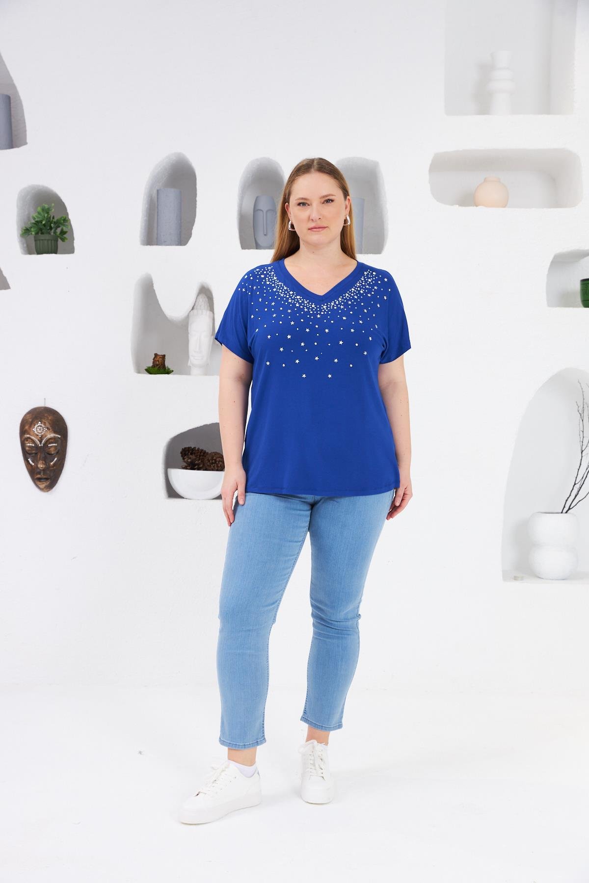 Yıldız Taş Baskılı Büyük Beden Tişört Saks