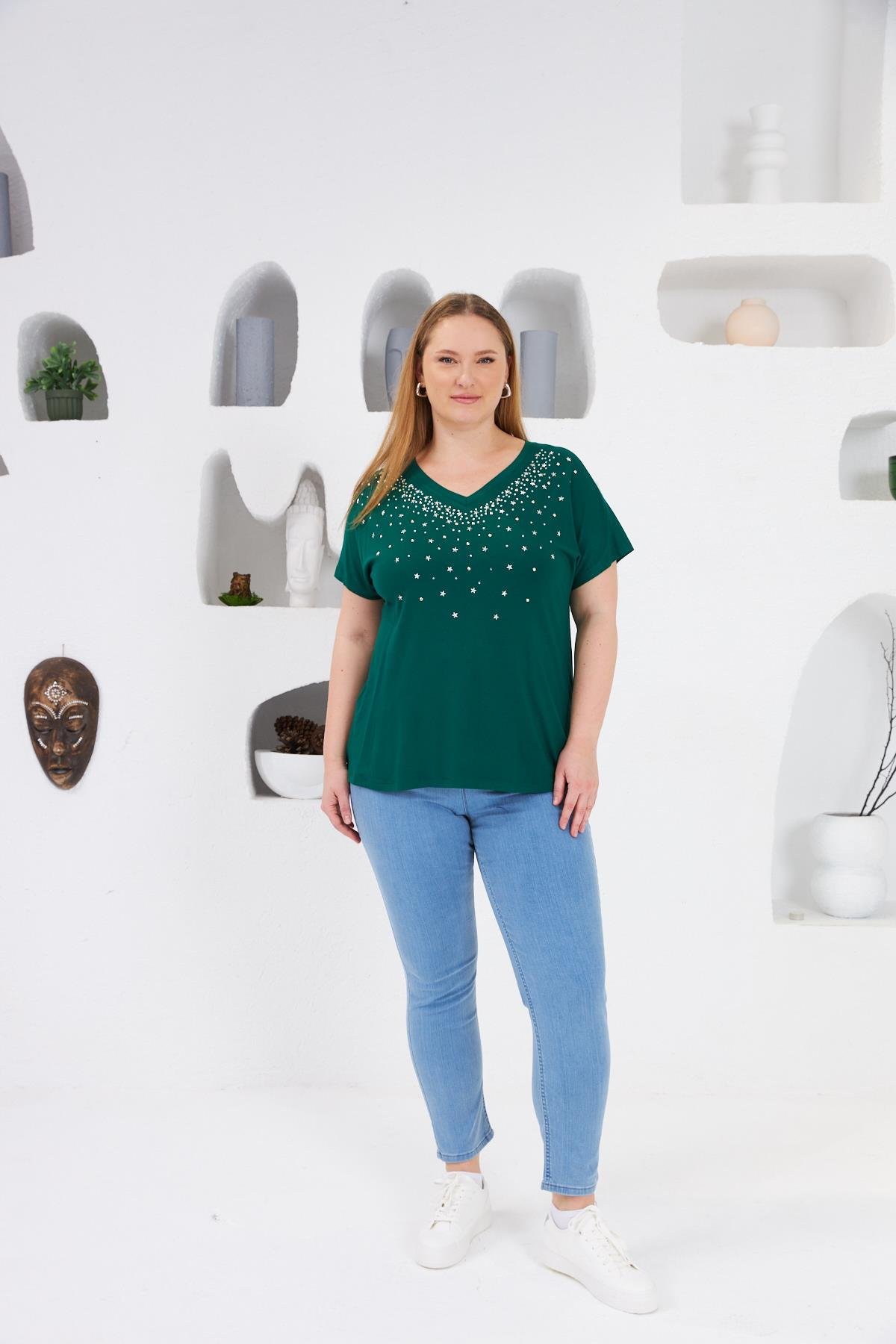 Yıldız Taş Baskılı Büyük Beden Tişört Zümrüt