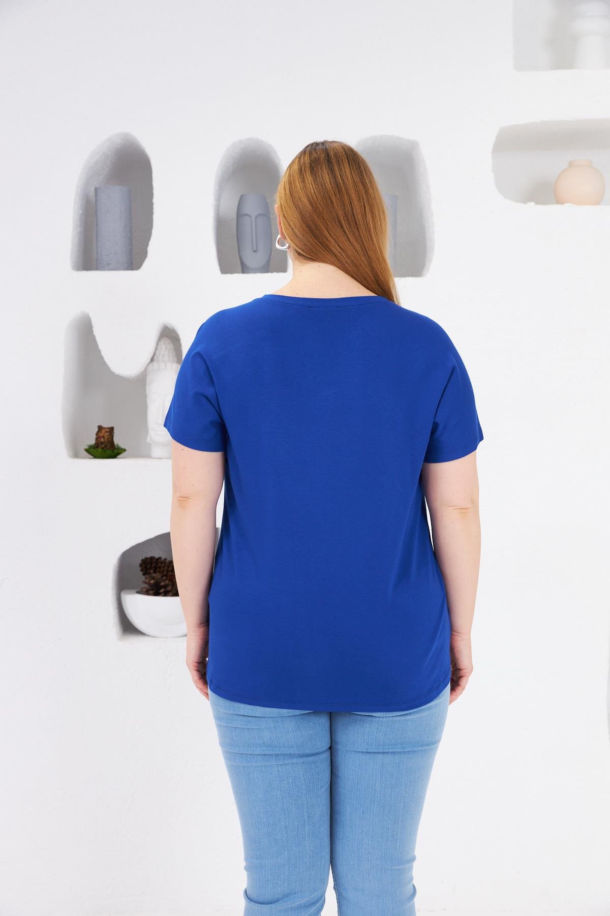 Yıldız Taş Baskılı Büyük Beden Tişört Saks