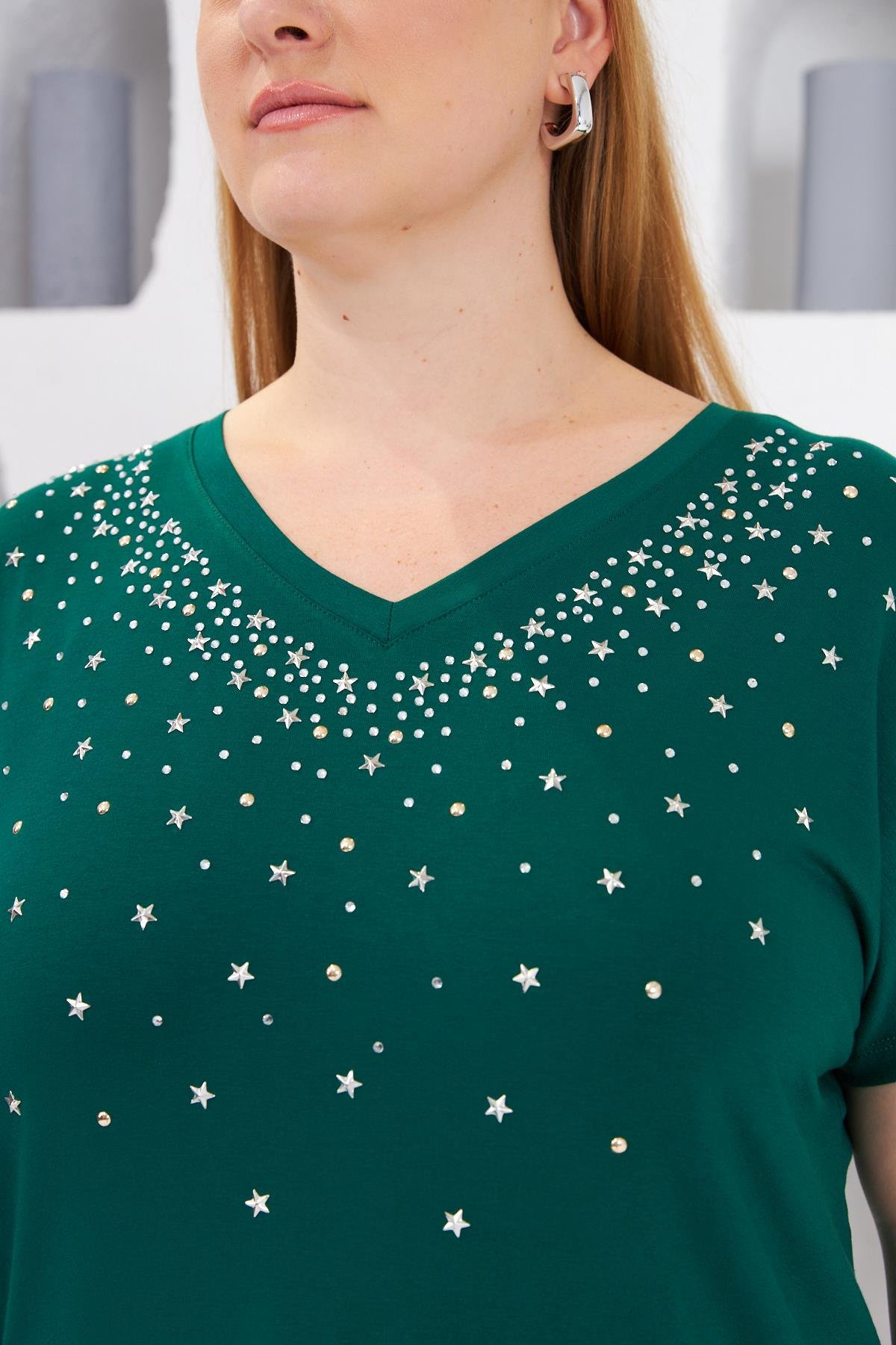 Yıldız Taş Baskılı Büyük Beden Tişört Zümrüt