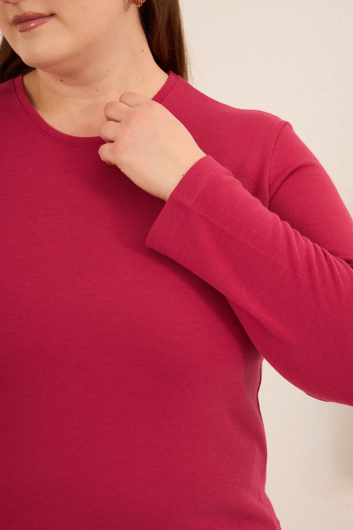 Yırtmaç Detaylı Bisiklet Yaka Kadın Büyük Beden Basic Triko Fuşya - RMG