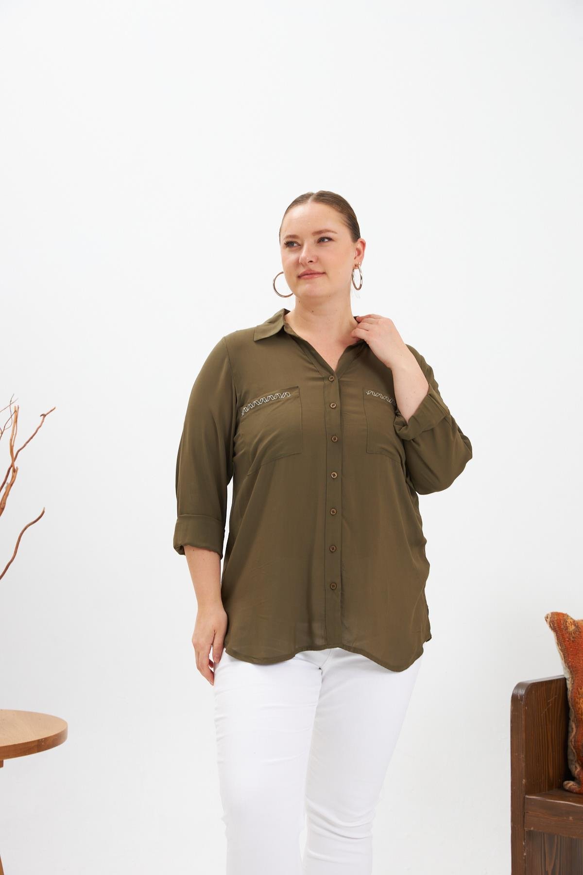 Zincir Nakış Detay Büyük Beden Gömlek Haki