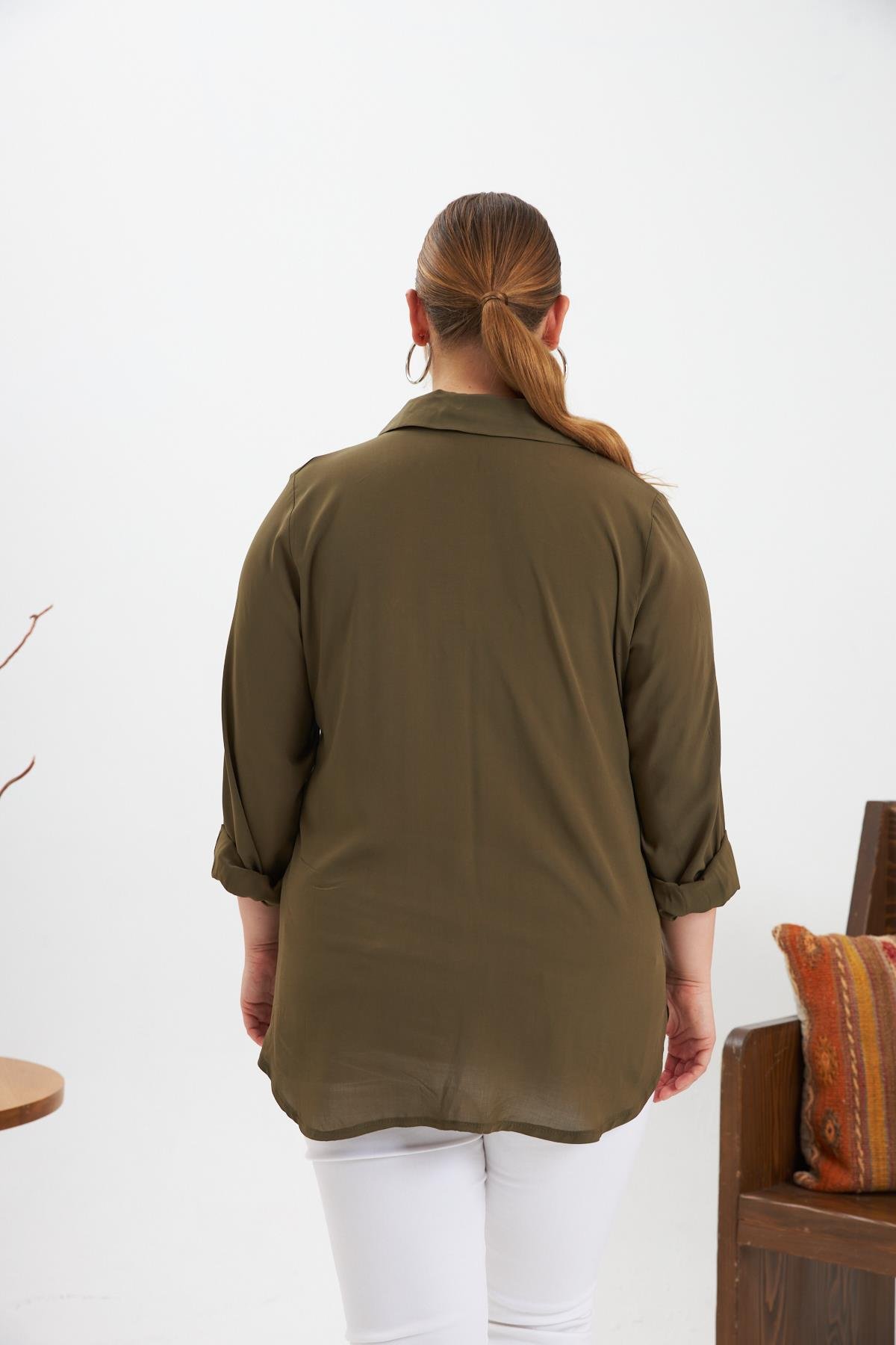 Zincir Nakış Detay Büyük Beden Gömlek Haki