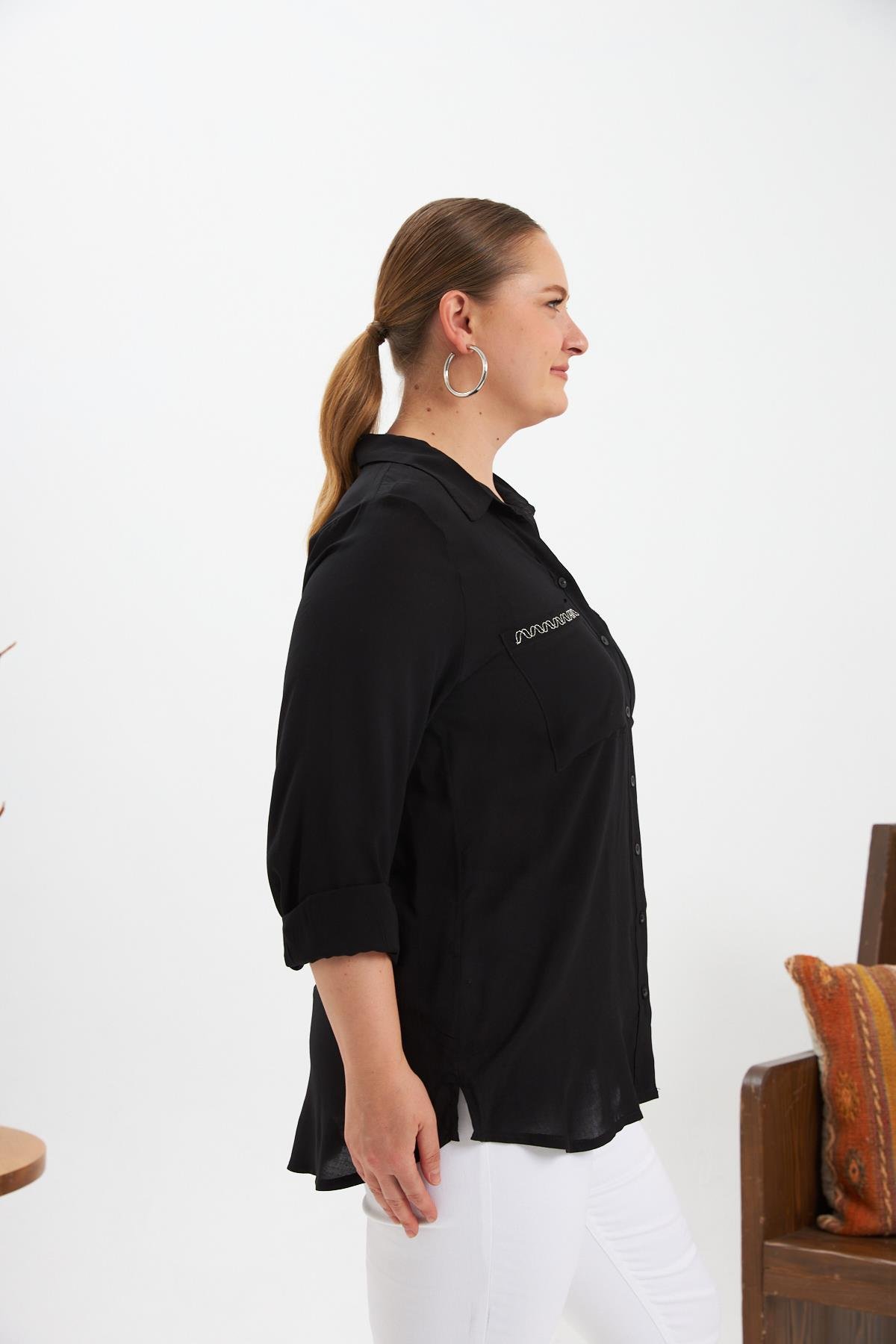 Zincir Nakış Detay Büyük Beden Gömlek Siyah