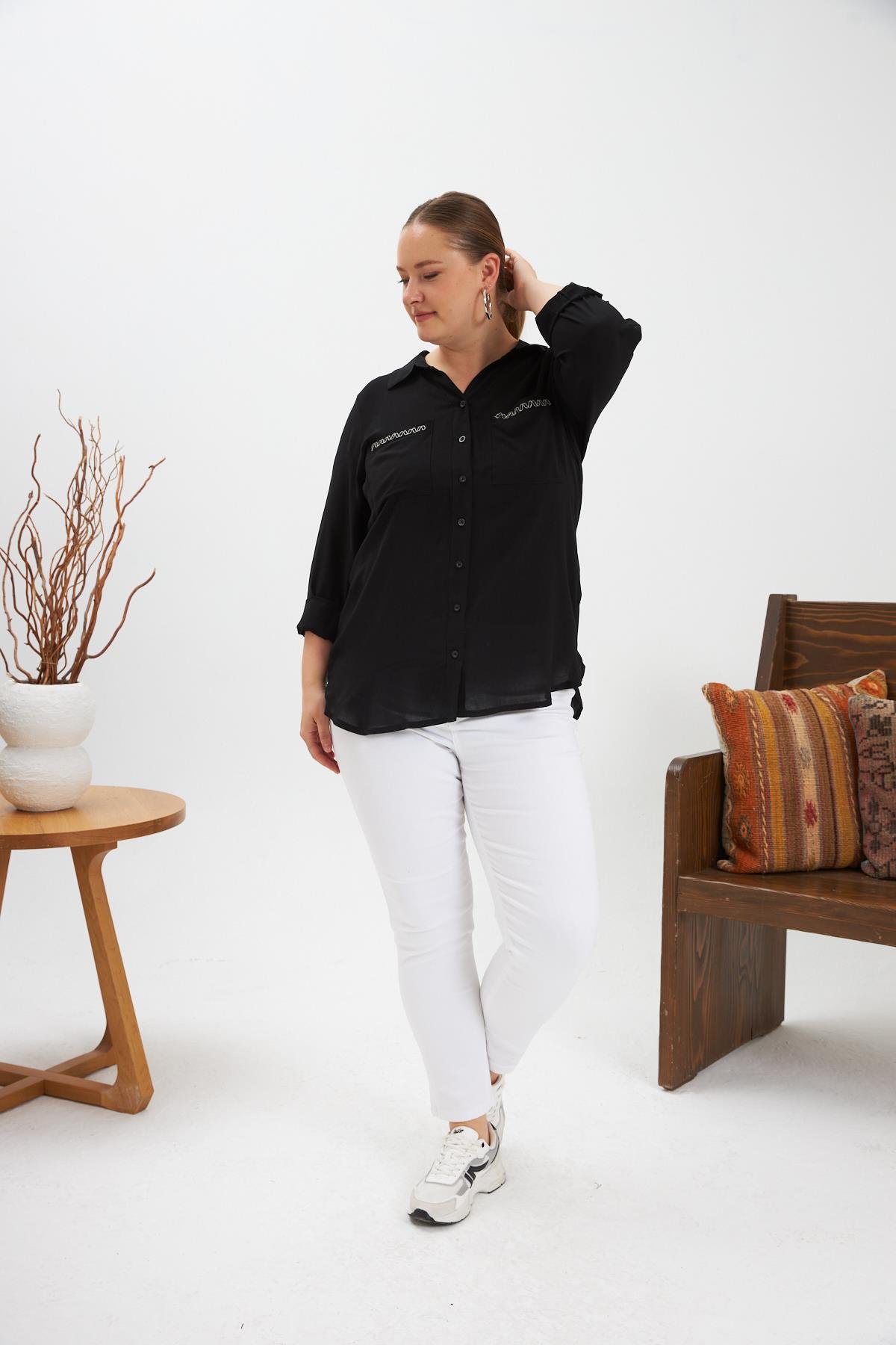 Zincir Nakış Detay Büyük Beden Gömlek Siyah