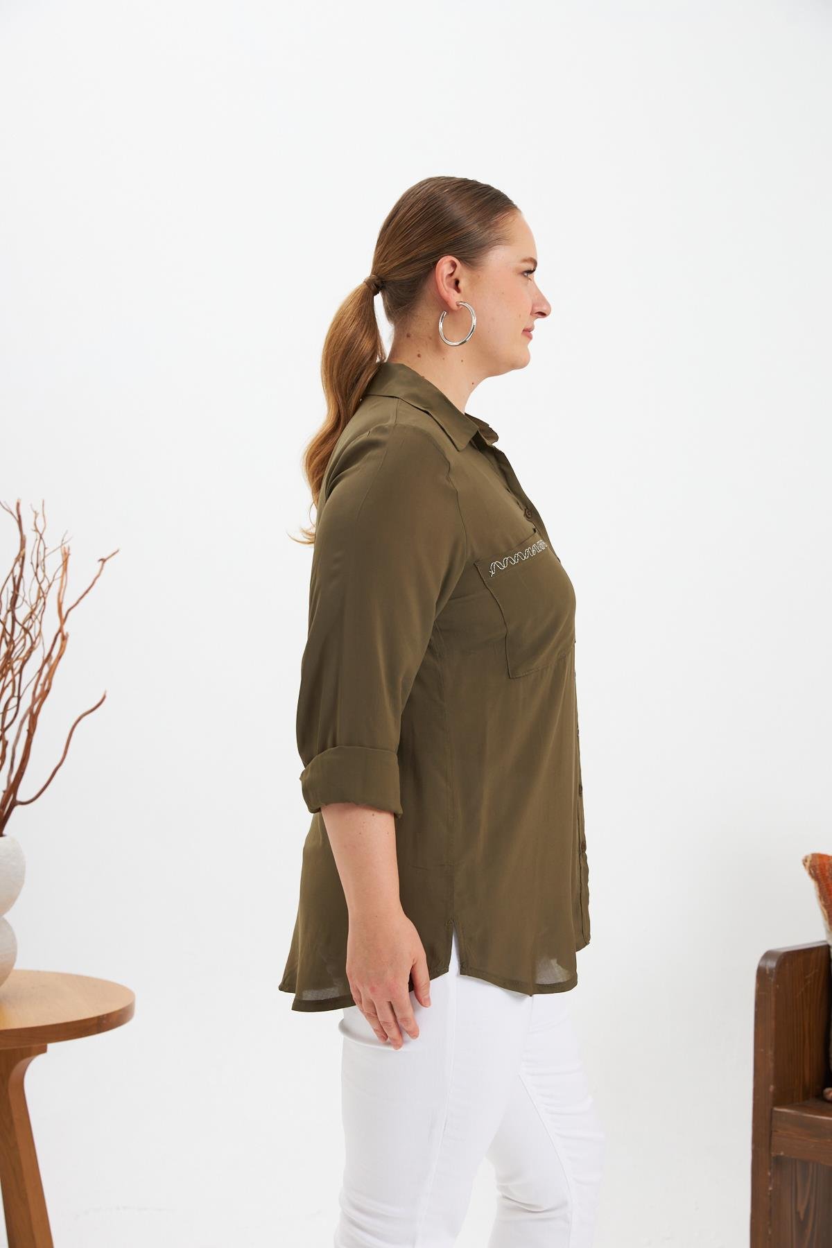 Zincir Nakış Detay Büyük Beden Gömlek Haki