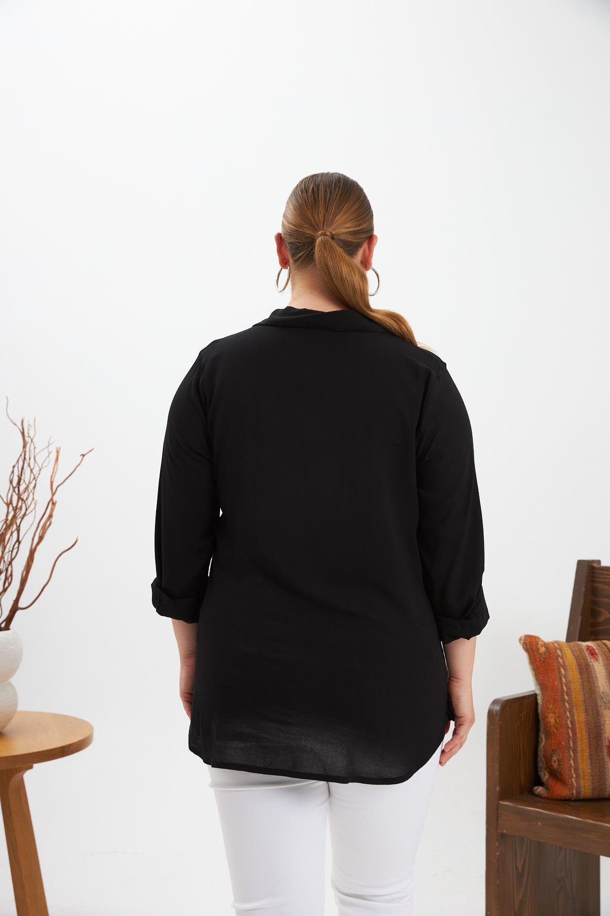 Zincir Nakış Detay Büyük Beden Gömlek Siyah