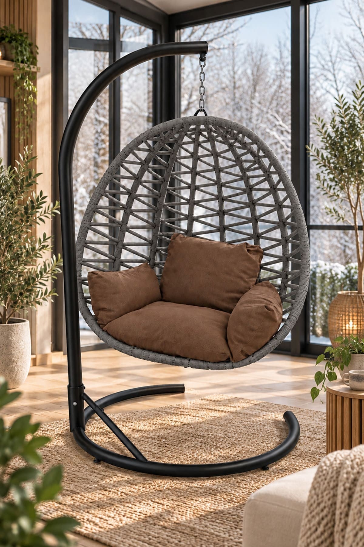 Alezy Armut Salıncak Tek Kişilik Minderli Makrome İp Örgü Bahçe-Balkon Asma Salıncak