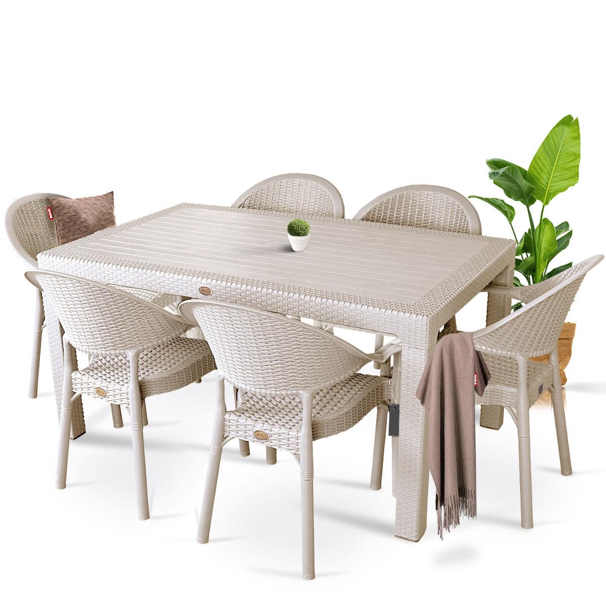 Alezy Atlantis 90x150 Camlı Masa + 6 Adet Rattan Desenli Koltuk 
