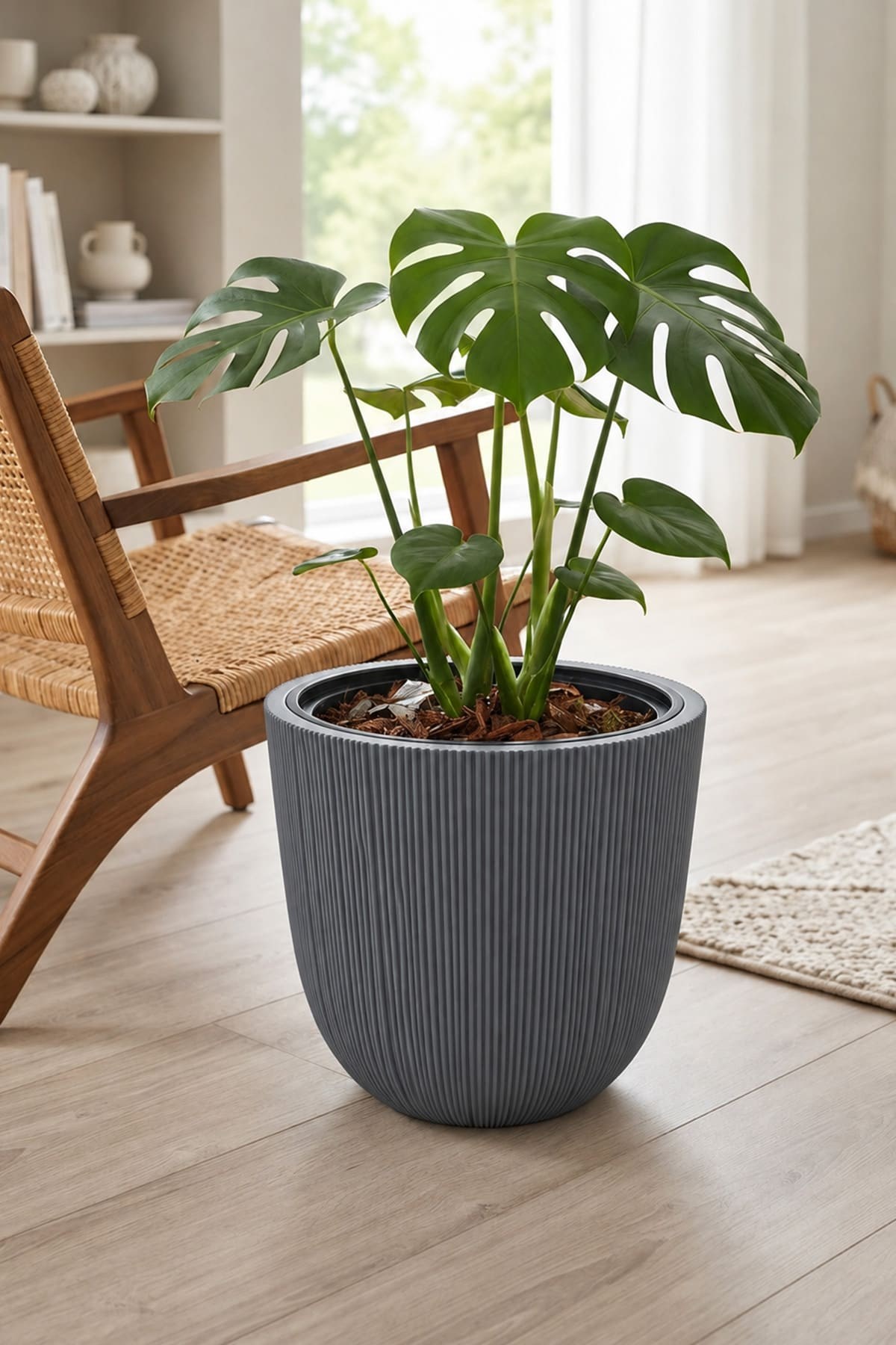 Alezy Palmiye Dekoratif Dikey Çizgili Saksı Vazo 37cm No:3 16Lt