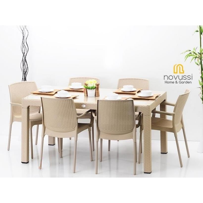 Novussi 90x150 Camlı Masa + 6 Adet Sunset Koltuk Masa Takımı Cappucino