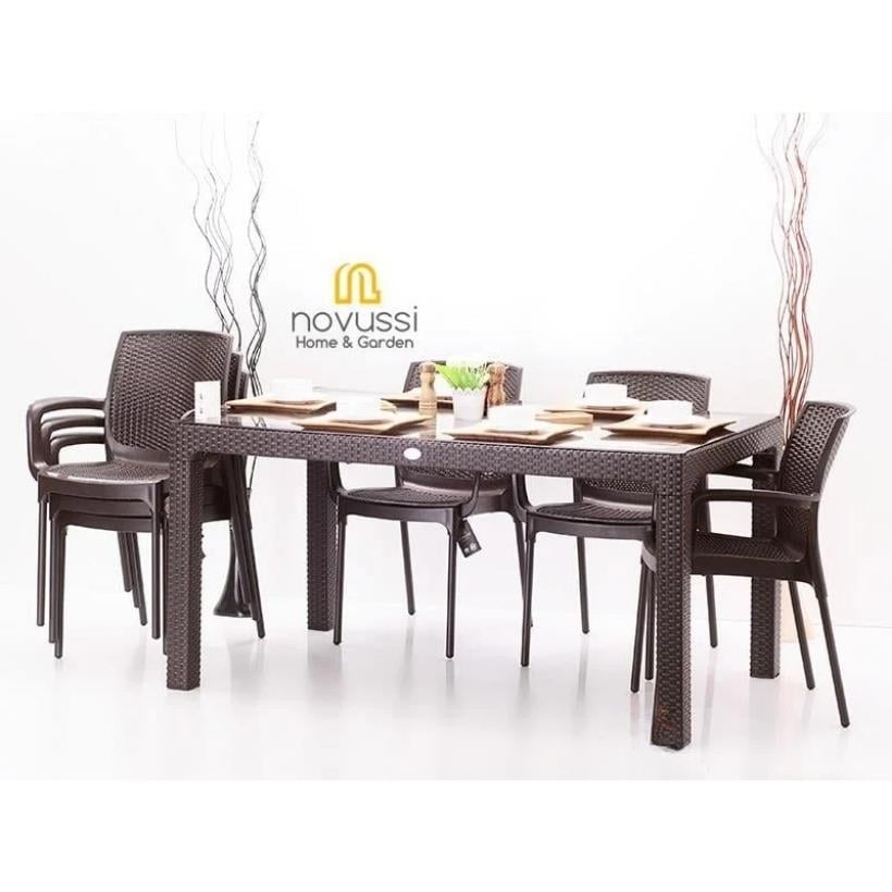 Novussi 90x150 Camlı Masa + 6 Adet Sunset Koltuk Masa Takımı Kahverengi