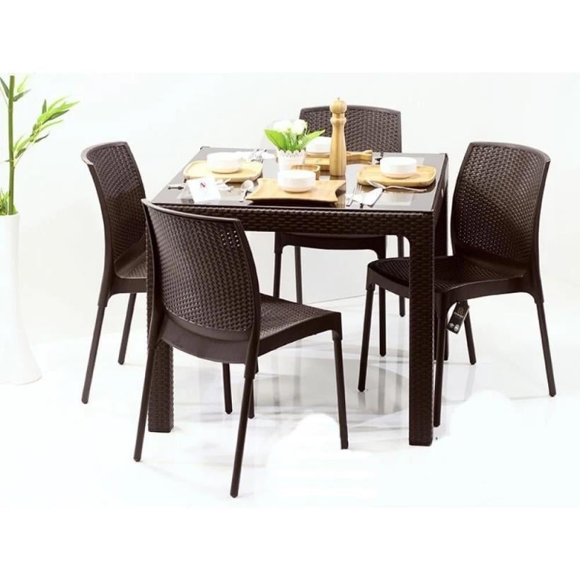 Novussi 90x90 Camlı Masa +4 Adet Sunny Koltuk Masa Takımı Kahverengi
