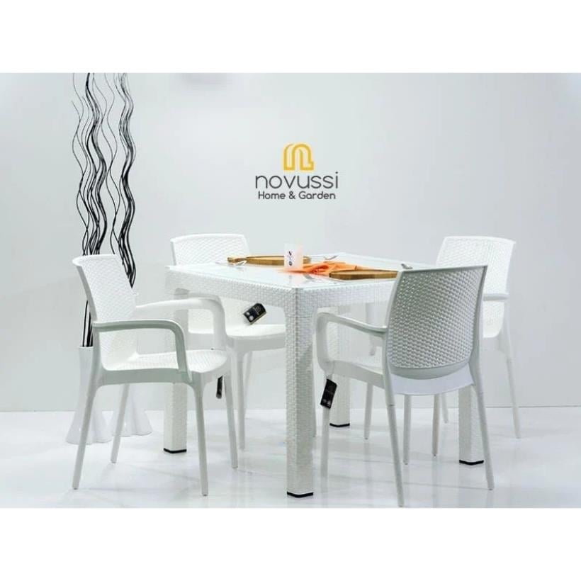 Novussi 90x90 Camlı Masa +4 Adet Sunset Koltuk Masa Takımı Beyaz
