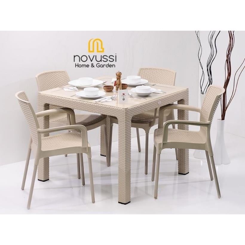 Novussi 90x90 Camlı Masa +4 Adet Sunset Koltuk Masa Takımı Cappucino