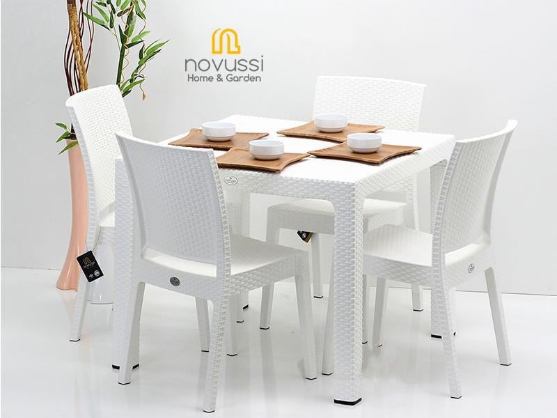 Novussi 90x90 Camsız Masa +4 Adet Nice Koltuk Masa Takımı Beyaz