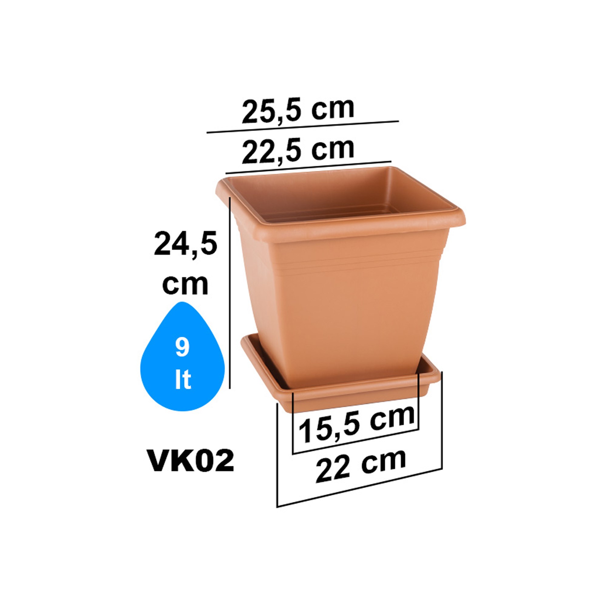 Serinova VK02 illa Kare Dış Mekan Saksı 9 Litre