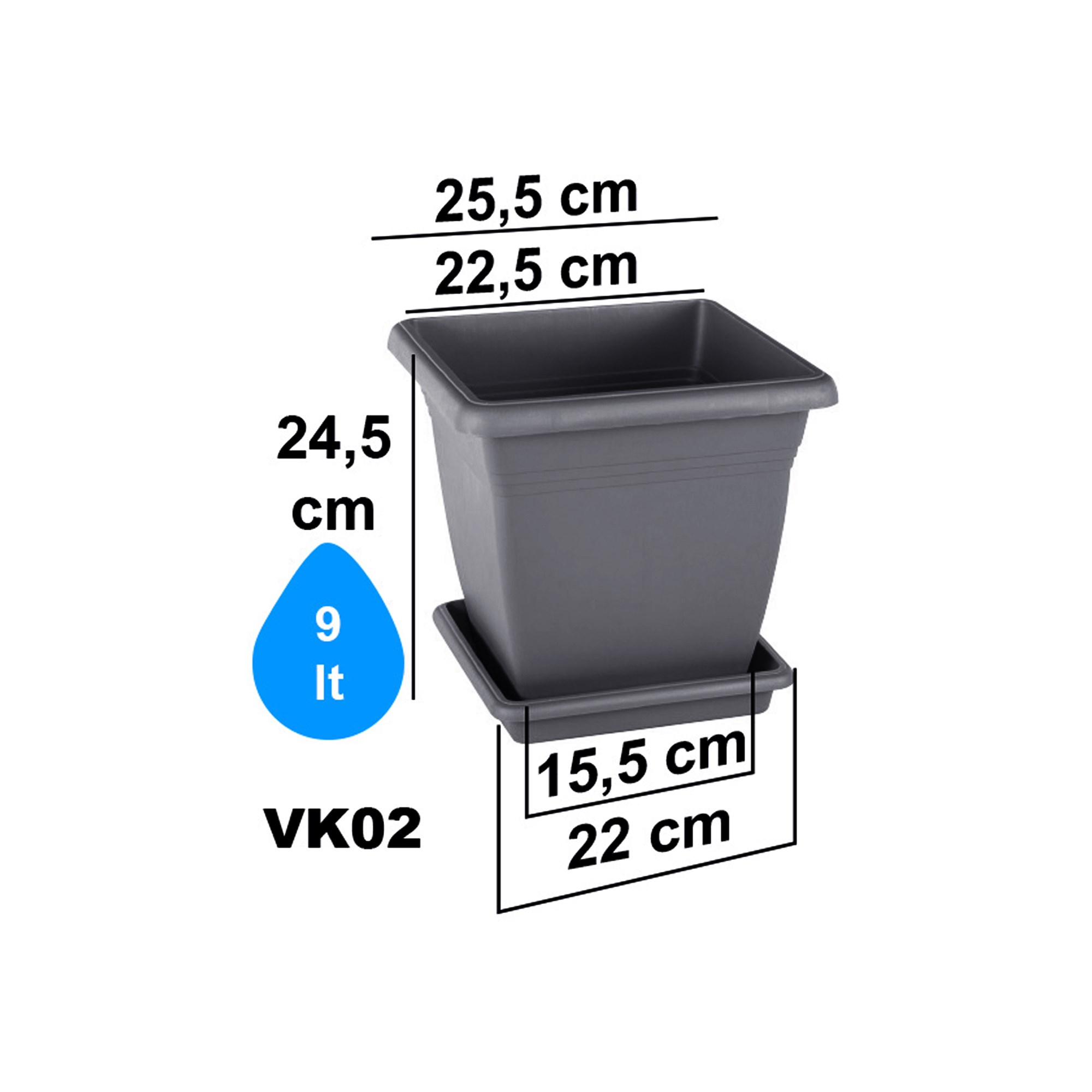 Serinova VK02 illa Kare Dış Mekan Saksı 9 Litre