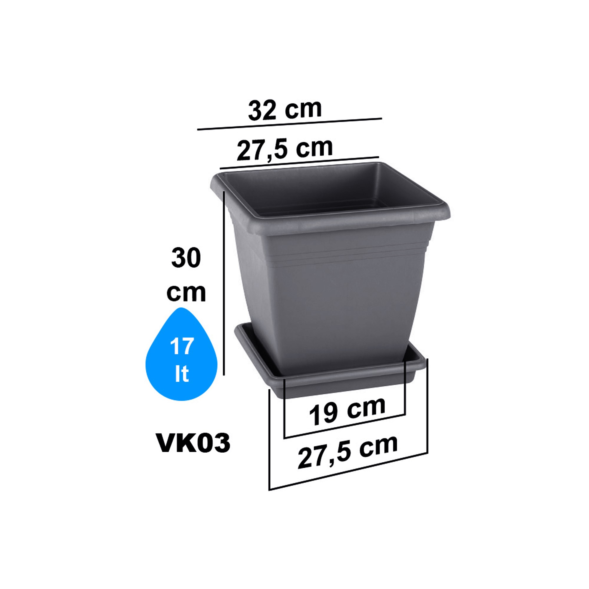 Serinova VK03 illa Kare Dış Mekan Saksı 17 Litre