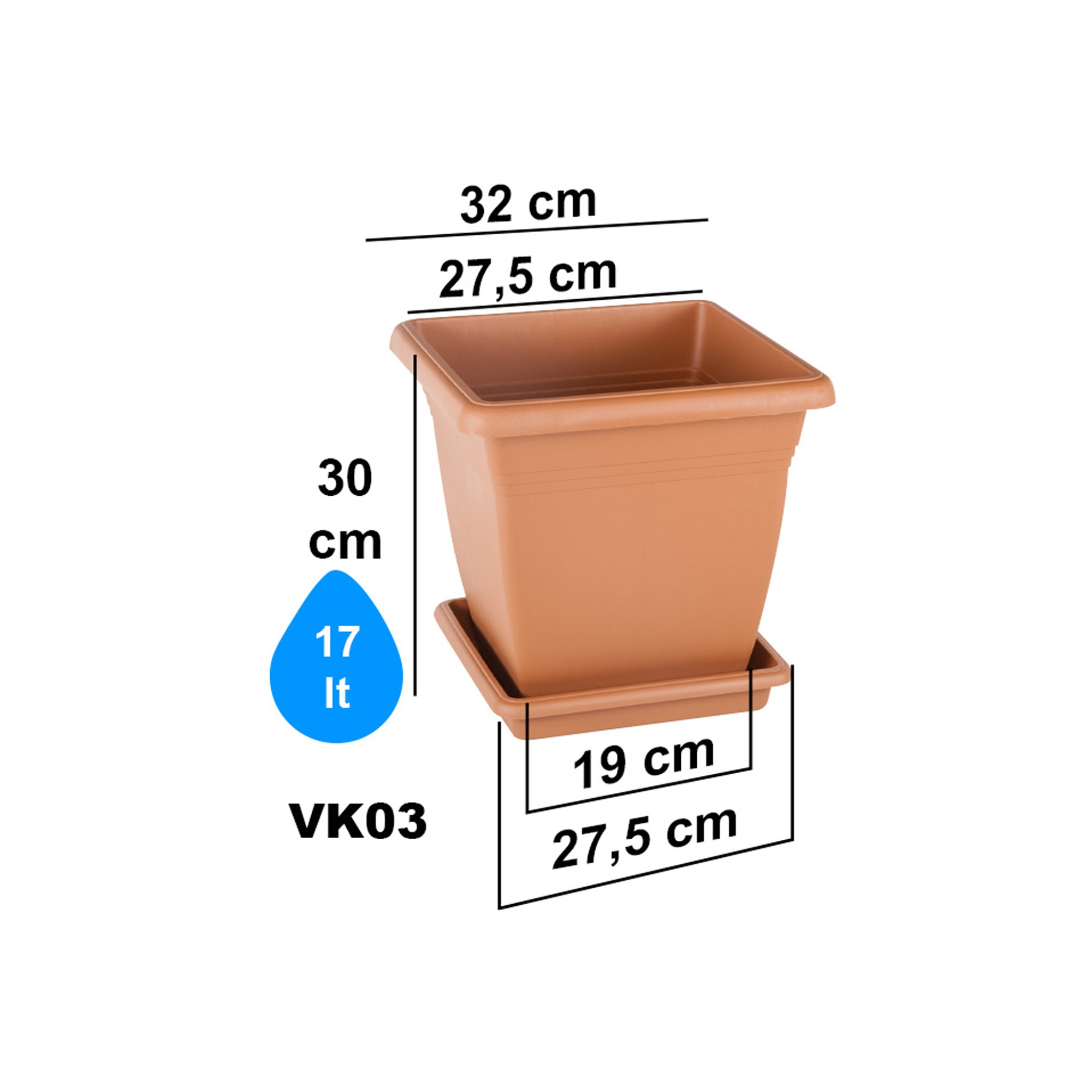 Serinova VK03 illa Kare Dış Mekan Saksı 17 Litre