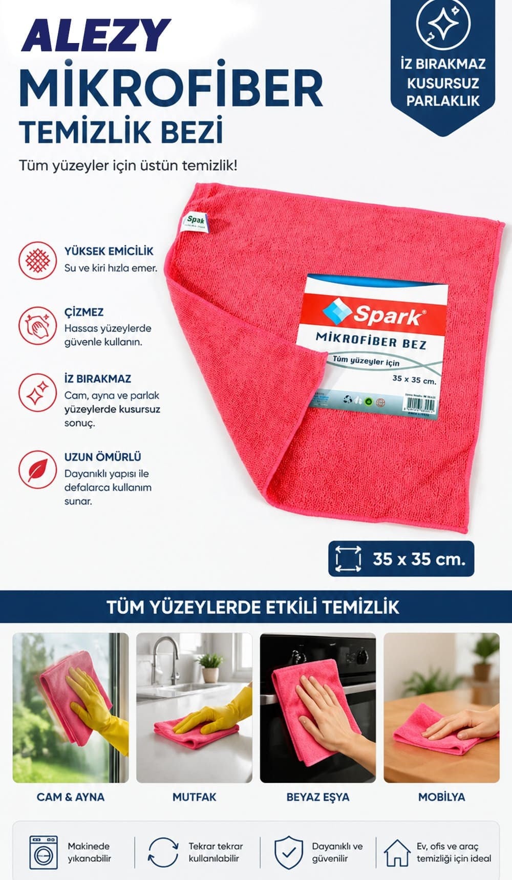 Spark M3310 Mikrofiber Genel Temizlik Bezi 35x35cm