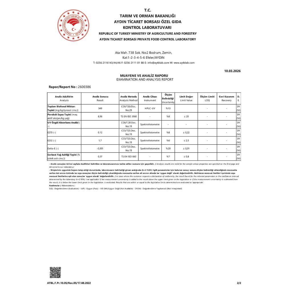 MİRA +349 Yüksek Polifenol Erken Hasat Zeytinyağı 2 Lt.