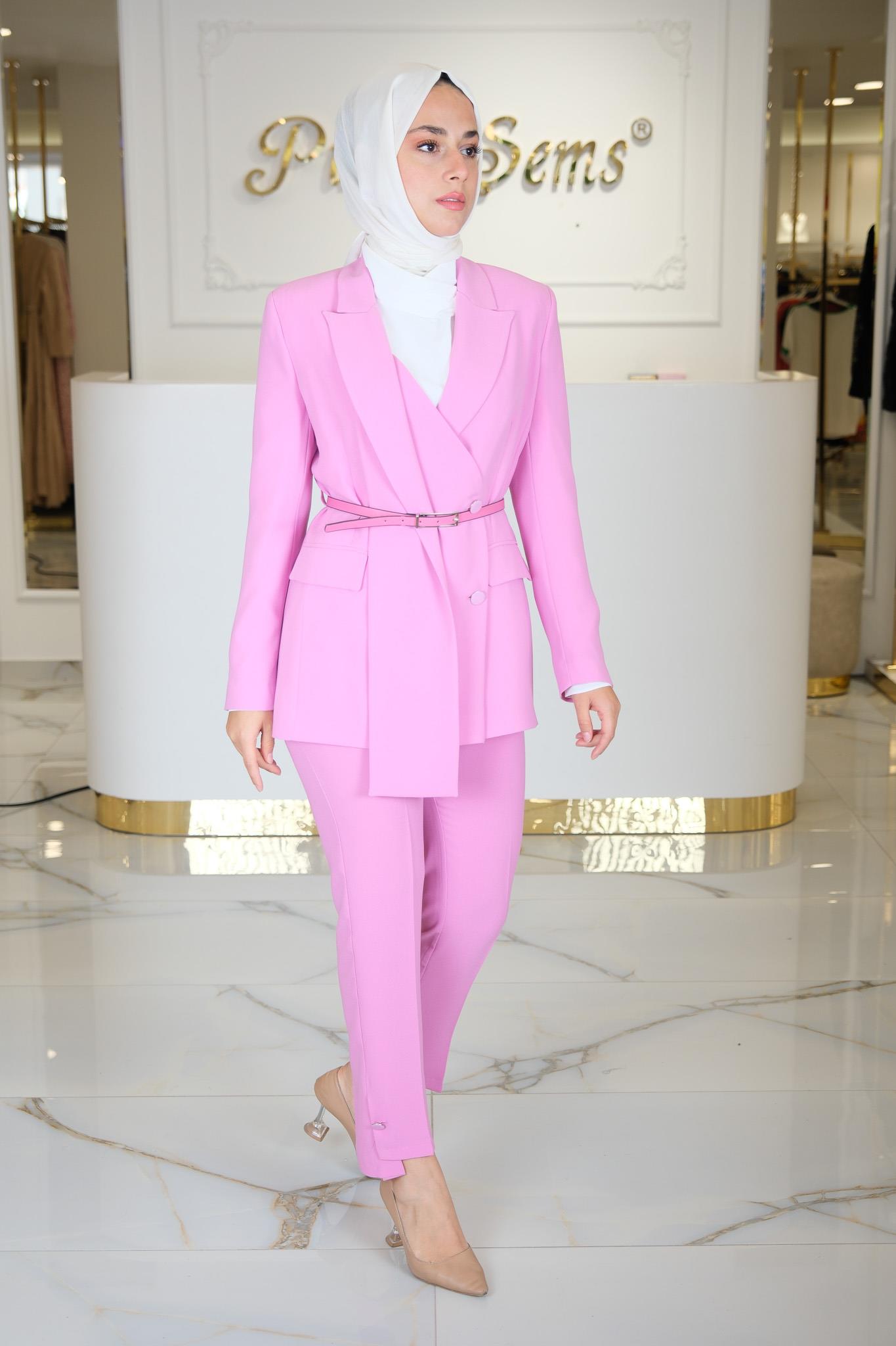 BELDEN KEMERLİ KRUVAZE CEKET PEMBE