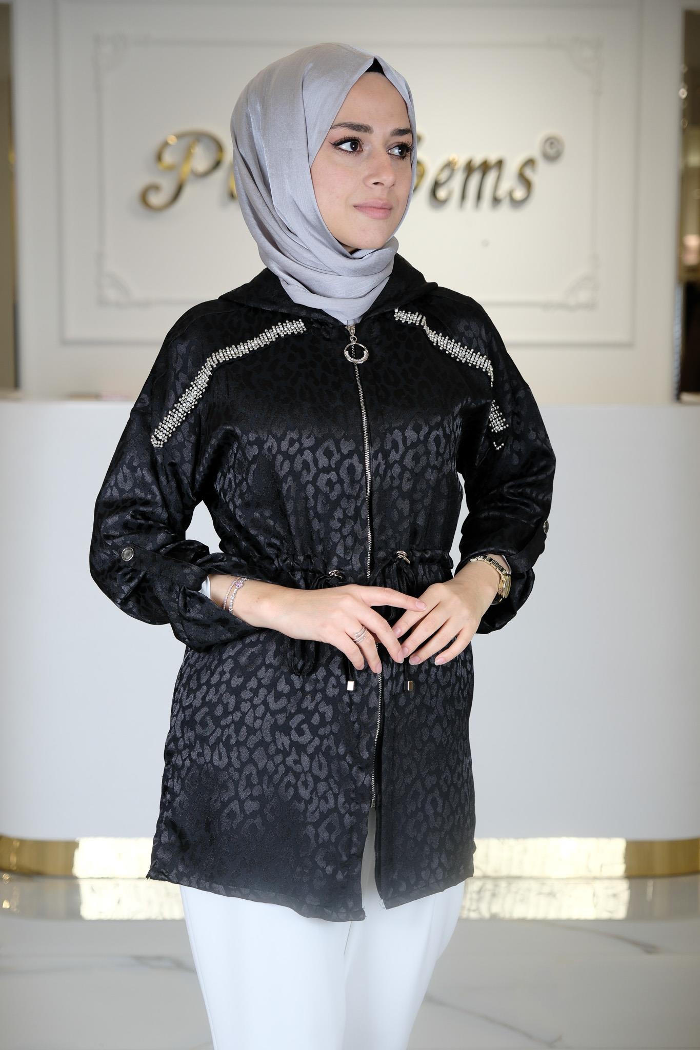 BONCUK İŞLEMELİ KAPŞONLU TUNİK SIYAH
