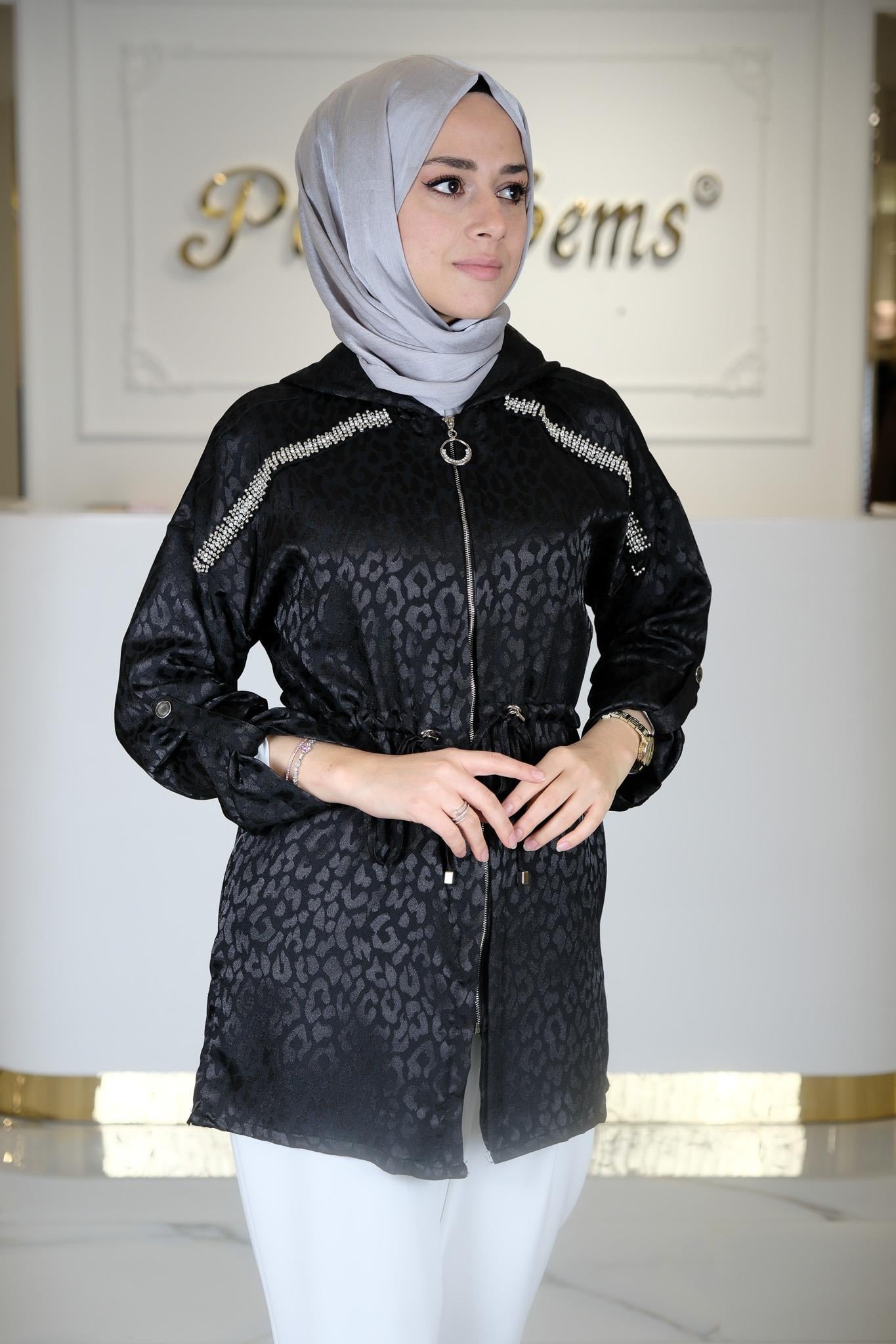 BONCUK İŞLEMELİ KAPŞONLU TUNİK SIYAH
