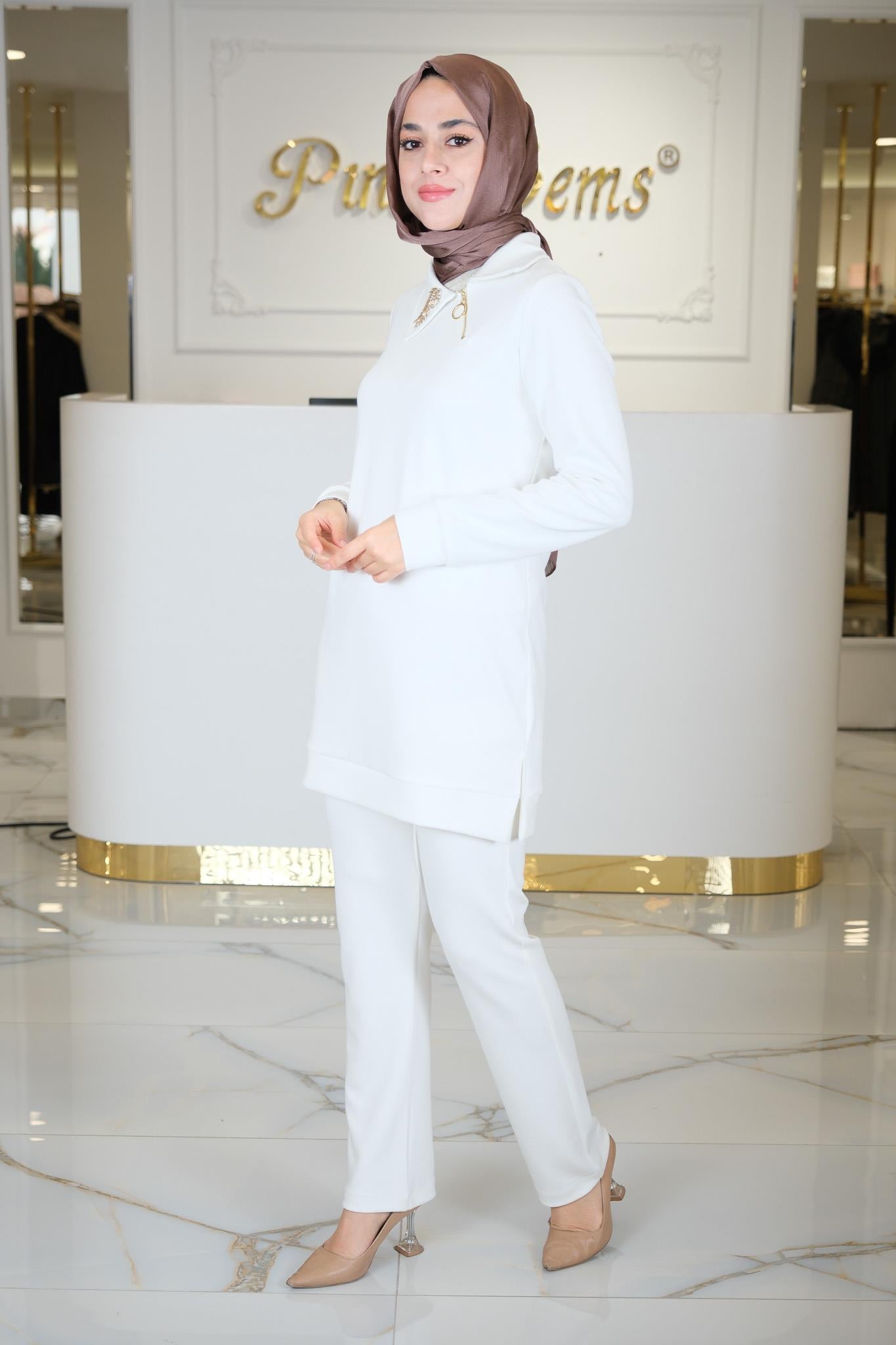 MODA TUNİK PANTLON TAKIM BEJ BEYAZ