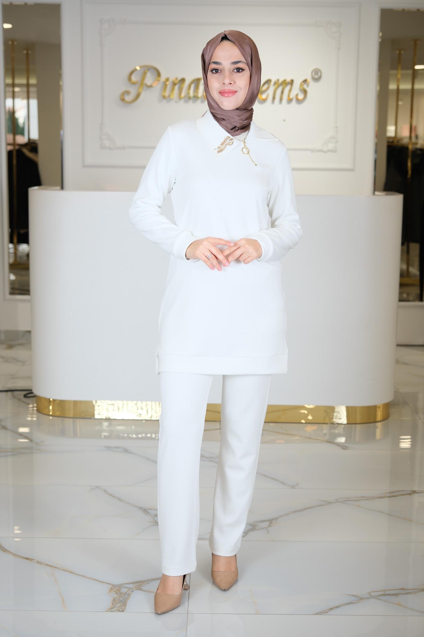 MODA TUNİK PANTLON TAKIM BEJ BEYAZ