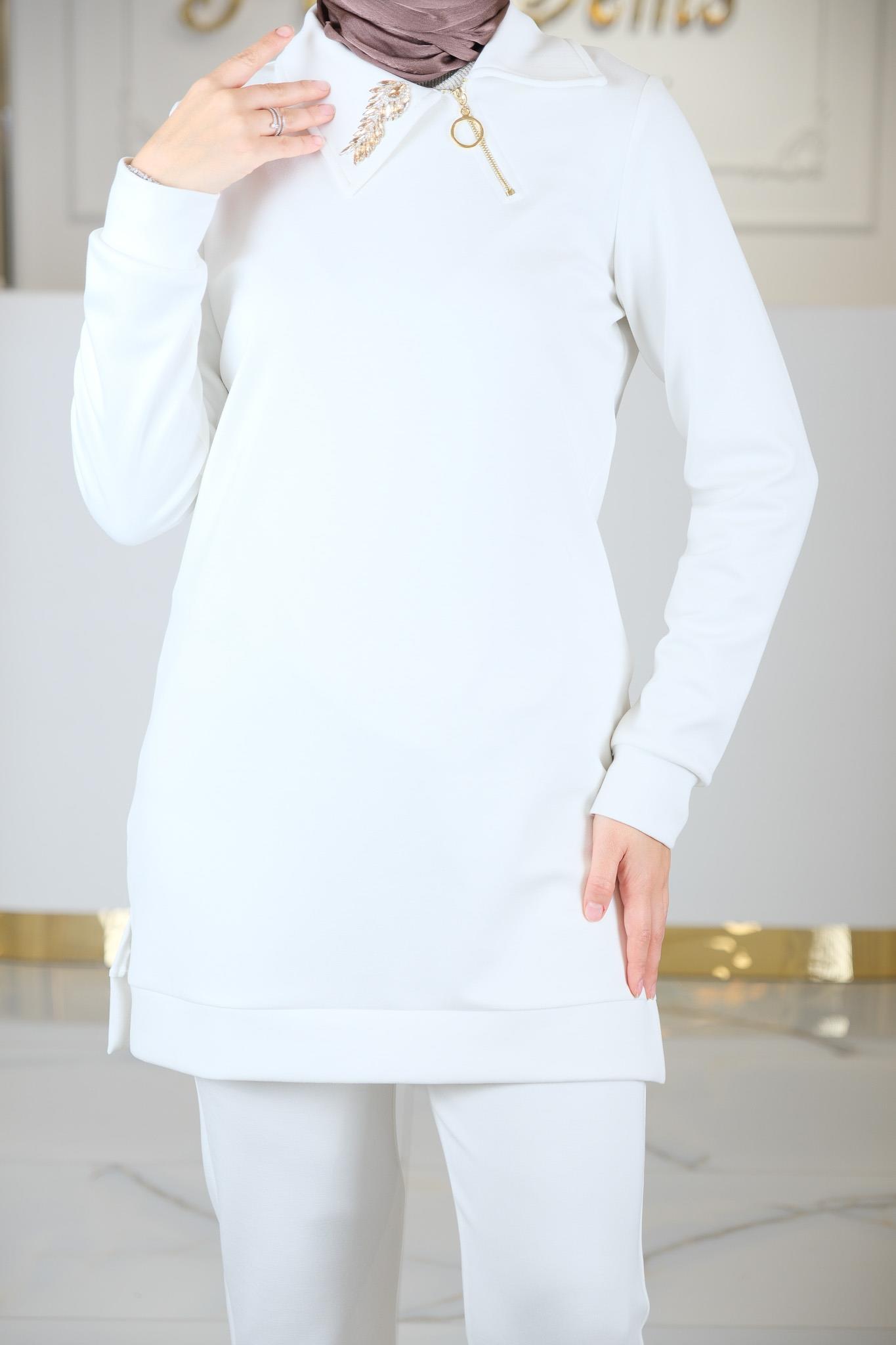 MODA TUNİK PANTLON TAKIM BEJ BEYAZ