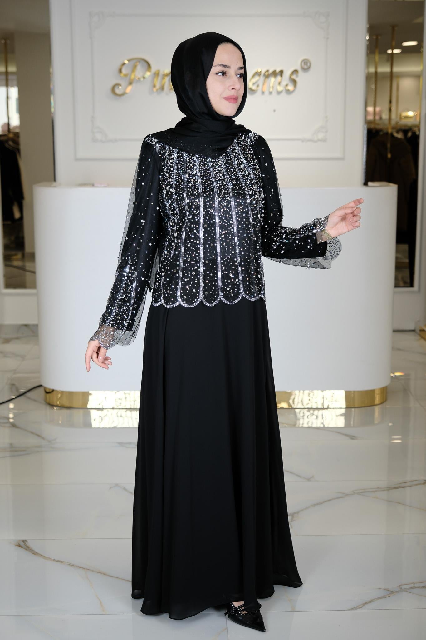TAŞLI PELERİNLİ ABİYE SIYAH