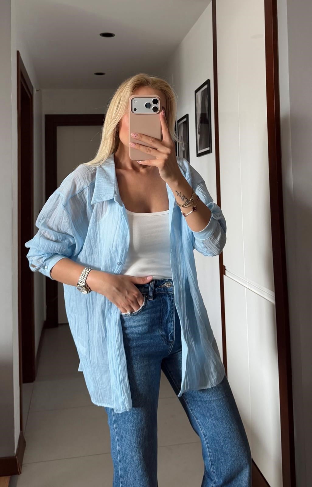 BEBE MAVİ OVERSİZE TENSEL GÖMLEK