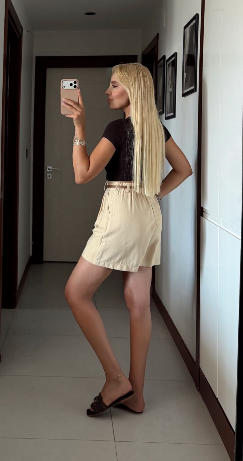 BEJ MASSİ BELİ LASTİKLİ KEMERLİ TENSEL ŞORT